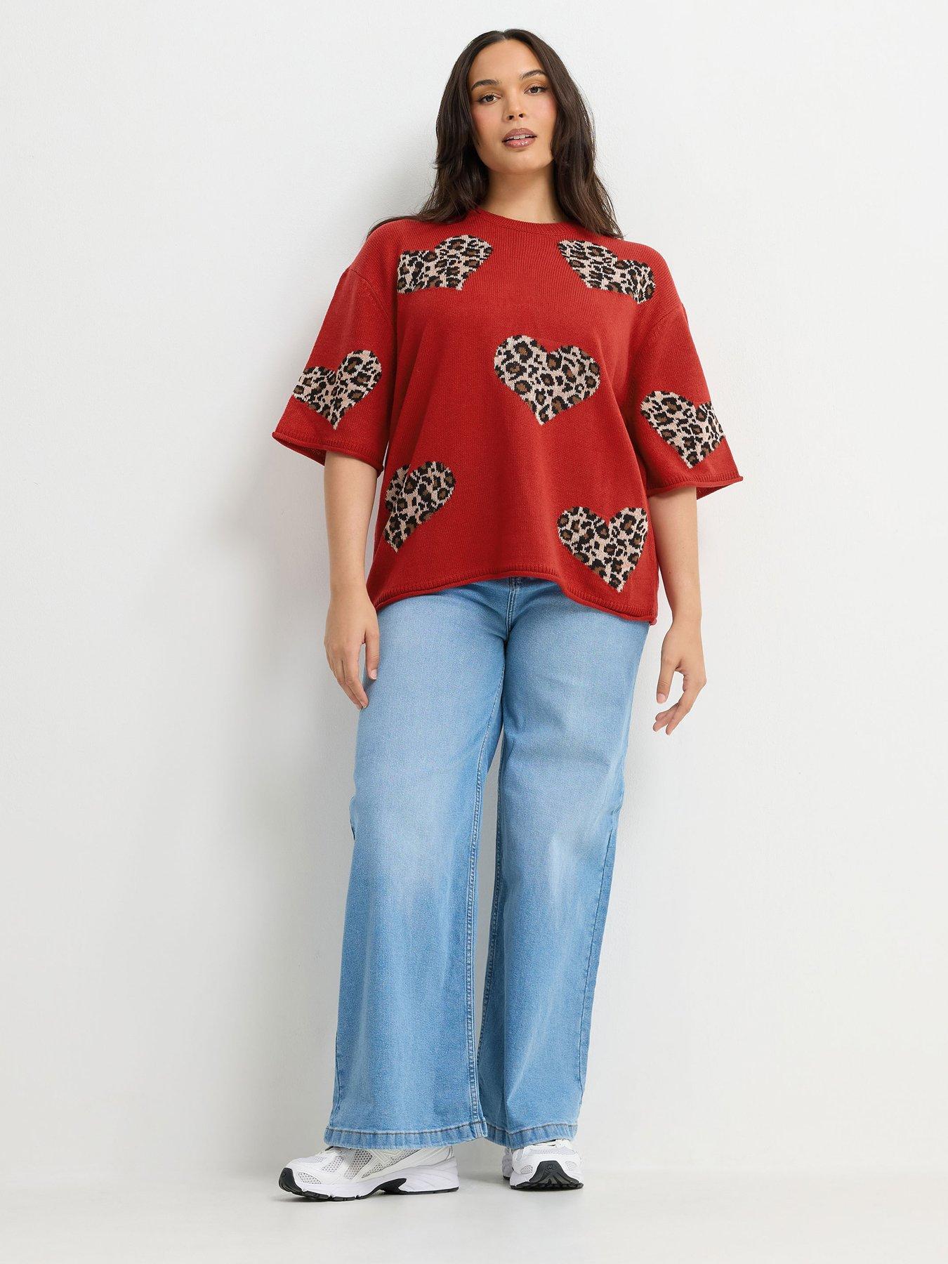 Image 3 of 4 of Yours Women's Curve Leopard Heart Boxy Knit Top - Red