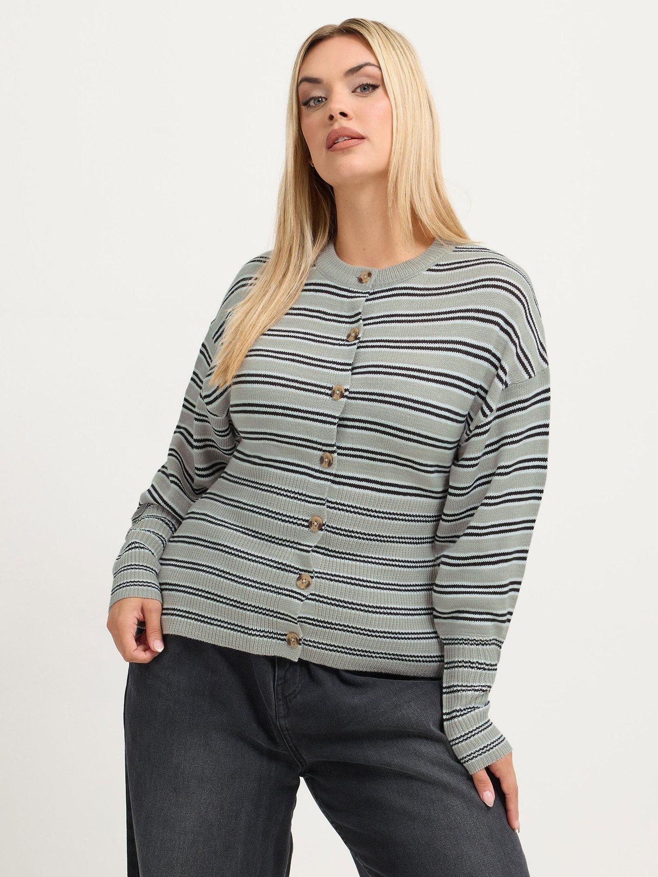 Image 1 of 4 of Yours Womens Curve Stripe Wide Hem Button Front Cardigan - Grey