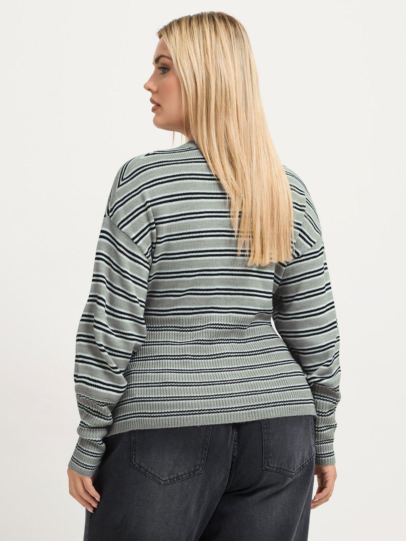 Image 2 of 4 of Yours Womens Curve Stripe Wide Hem Button Front Cardigan - Grey