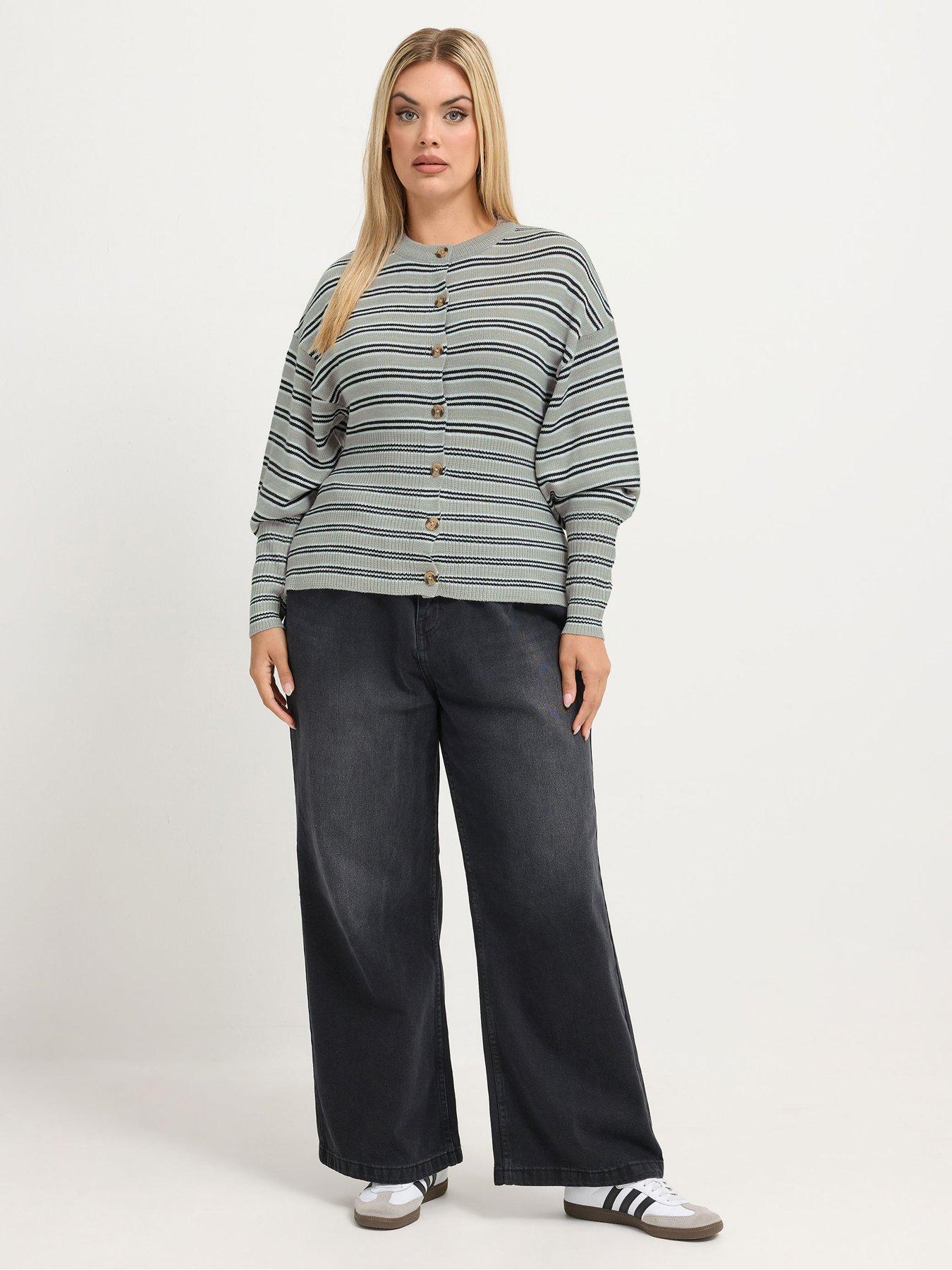 Image 3 of 4 of Yours Womens Curve Stripe Wide Hem Button Front Cardigan - Grey