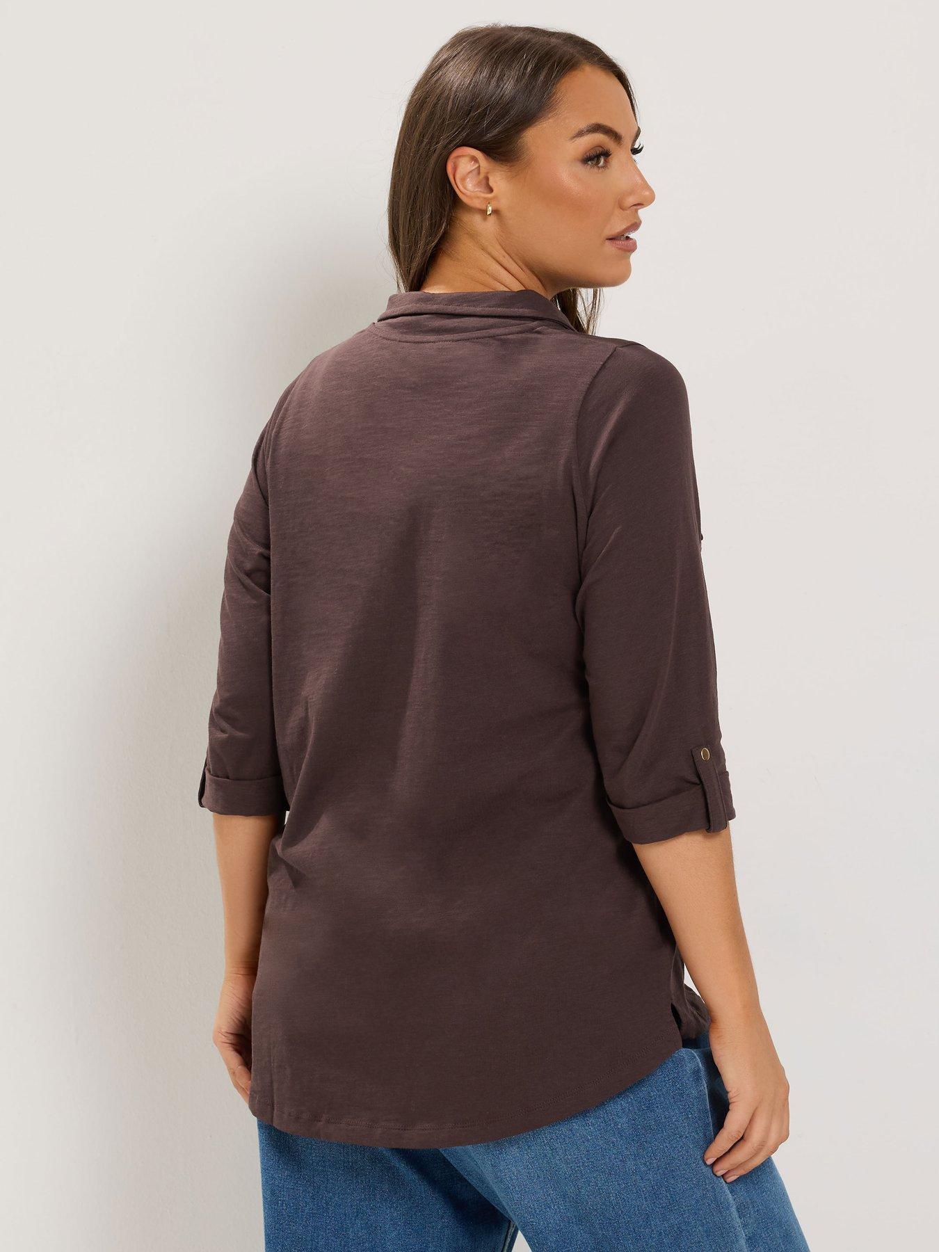 Image 2 of 4 of Yours Curve Jersey Full Placket Shirt - Brown