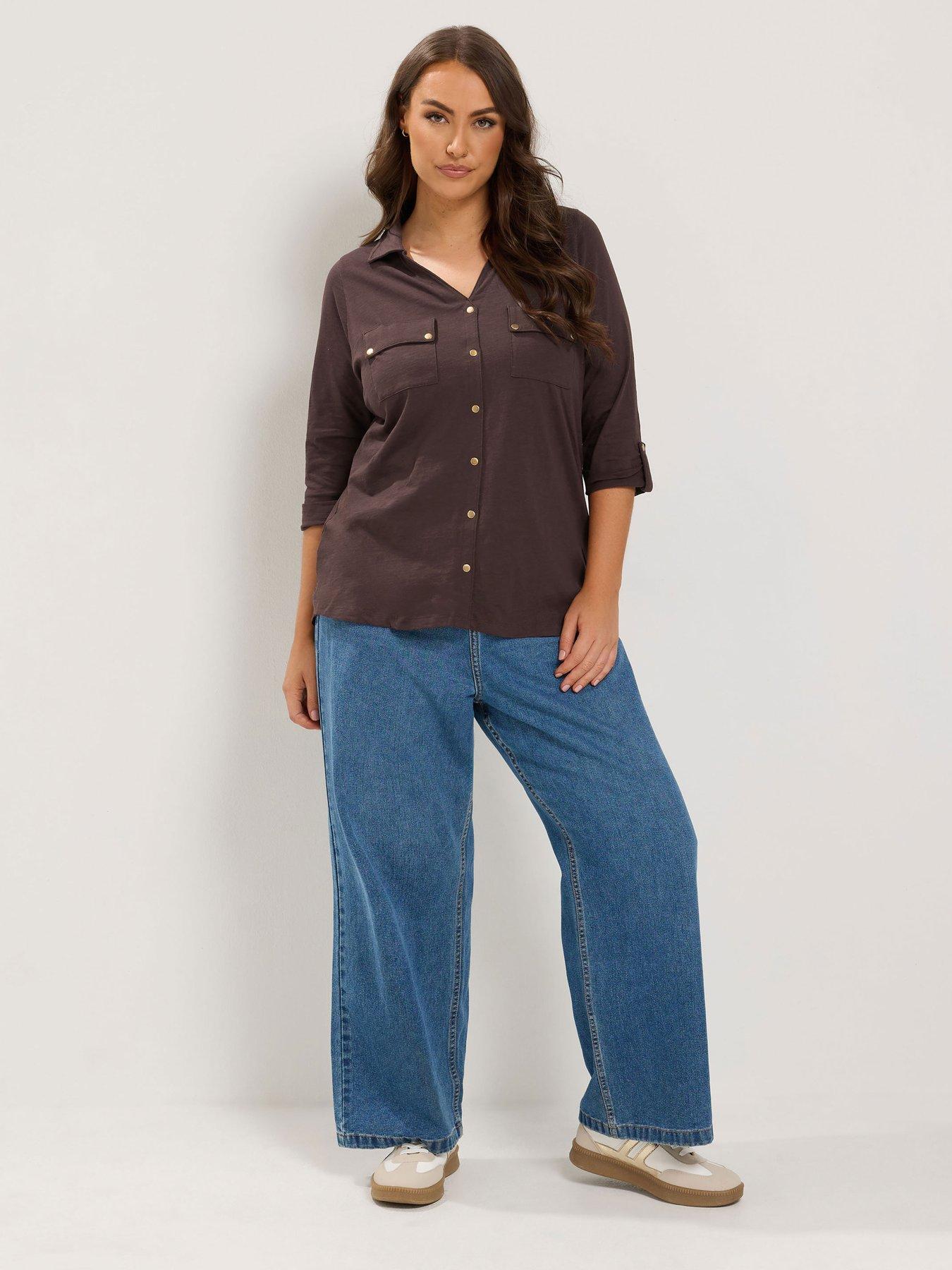 Image 3 of 4 of Yours Curve Jersey Full Placket Shirt - Brown