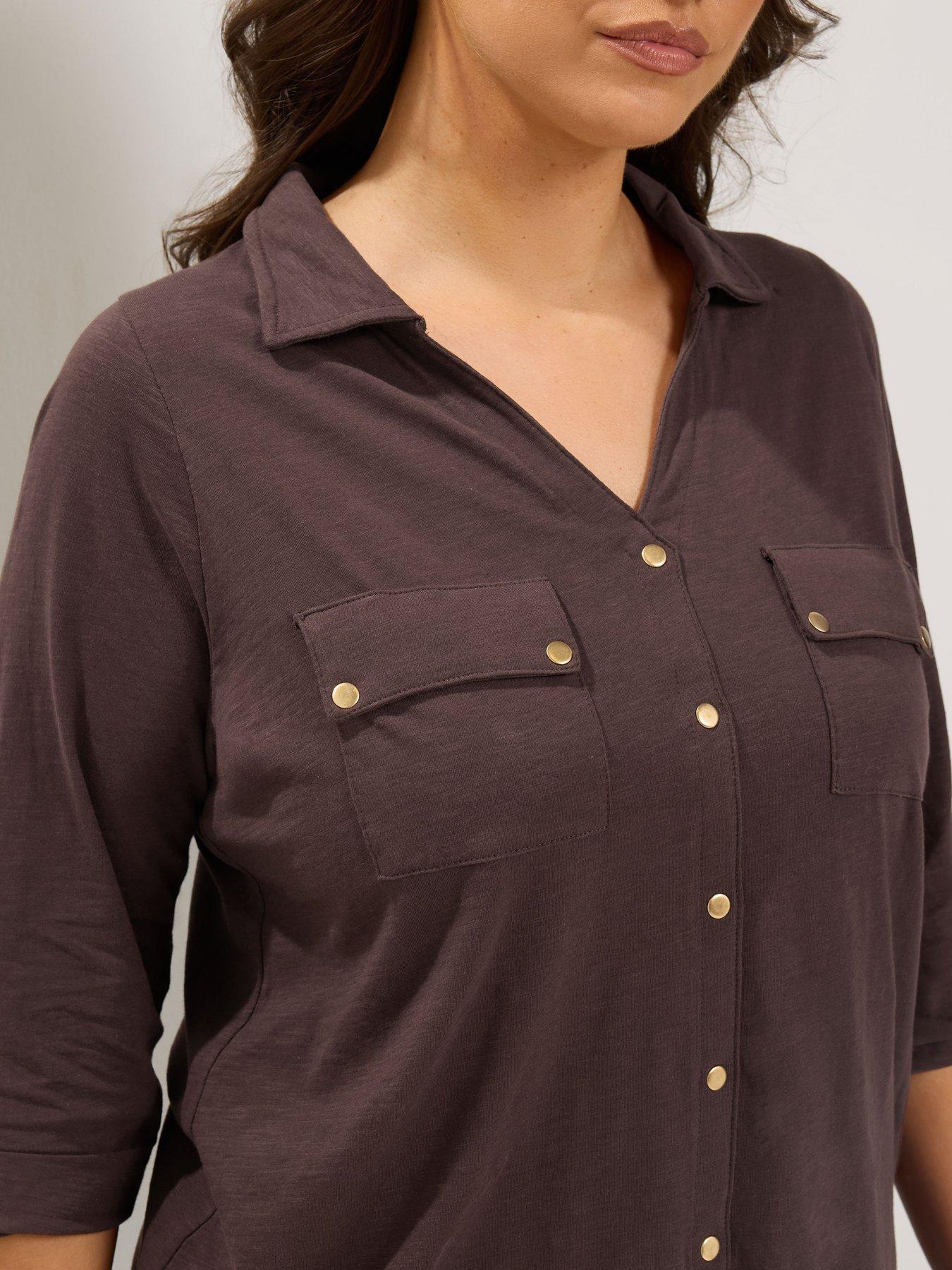 Image 4 of 4 of Yours Curve Jersey Full Placket Shirt - Brown