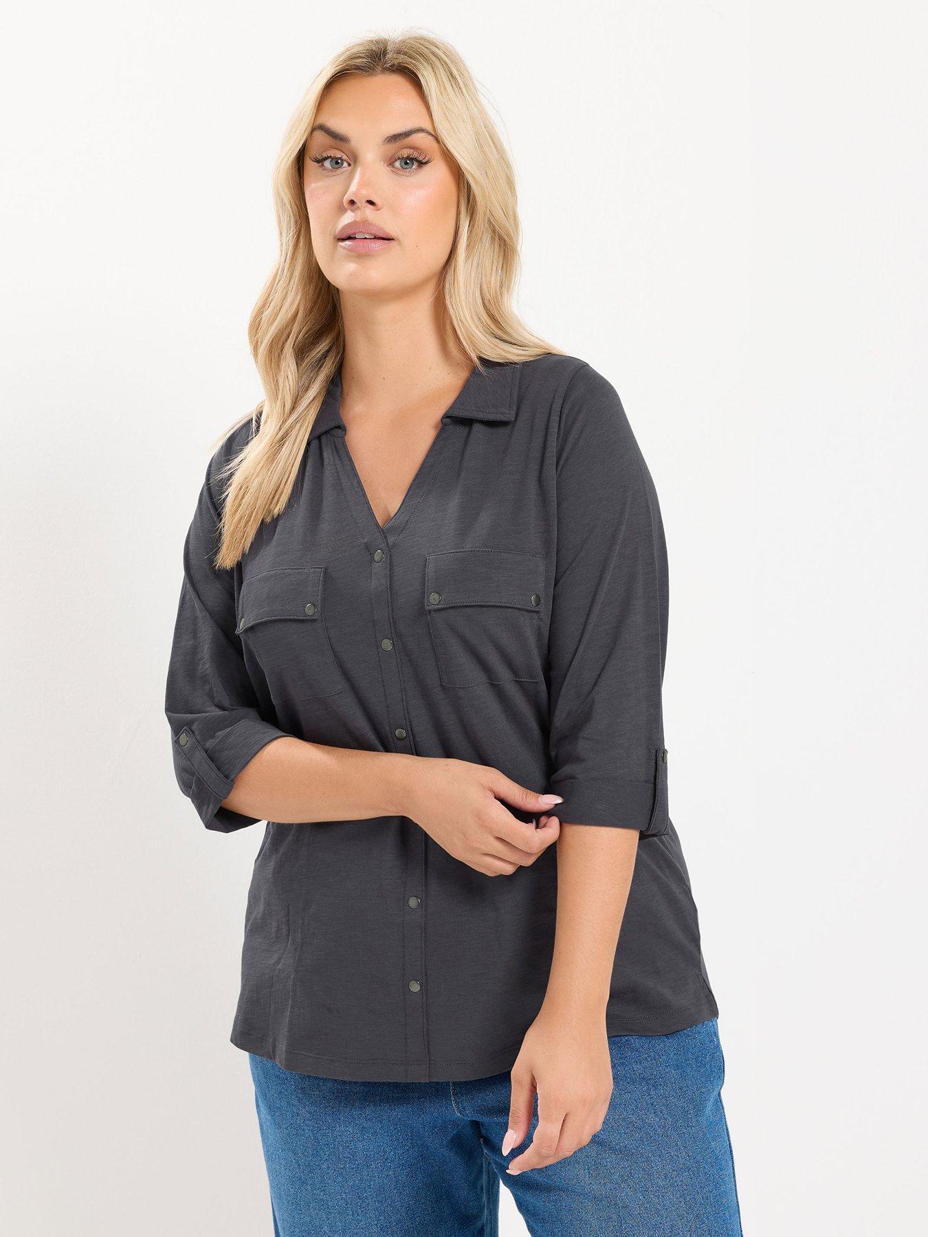 Image 1 of 4 of Yours Curve Jersey Full Placket Shirt - Grey