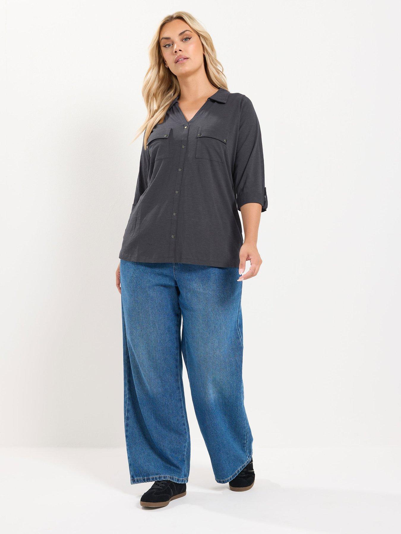 Image 3 of 4 of Yours Curve Jersey Full Placket Shirt - Grey