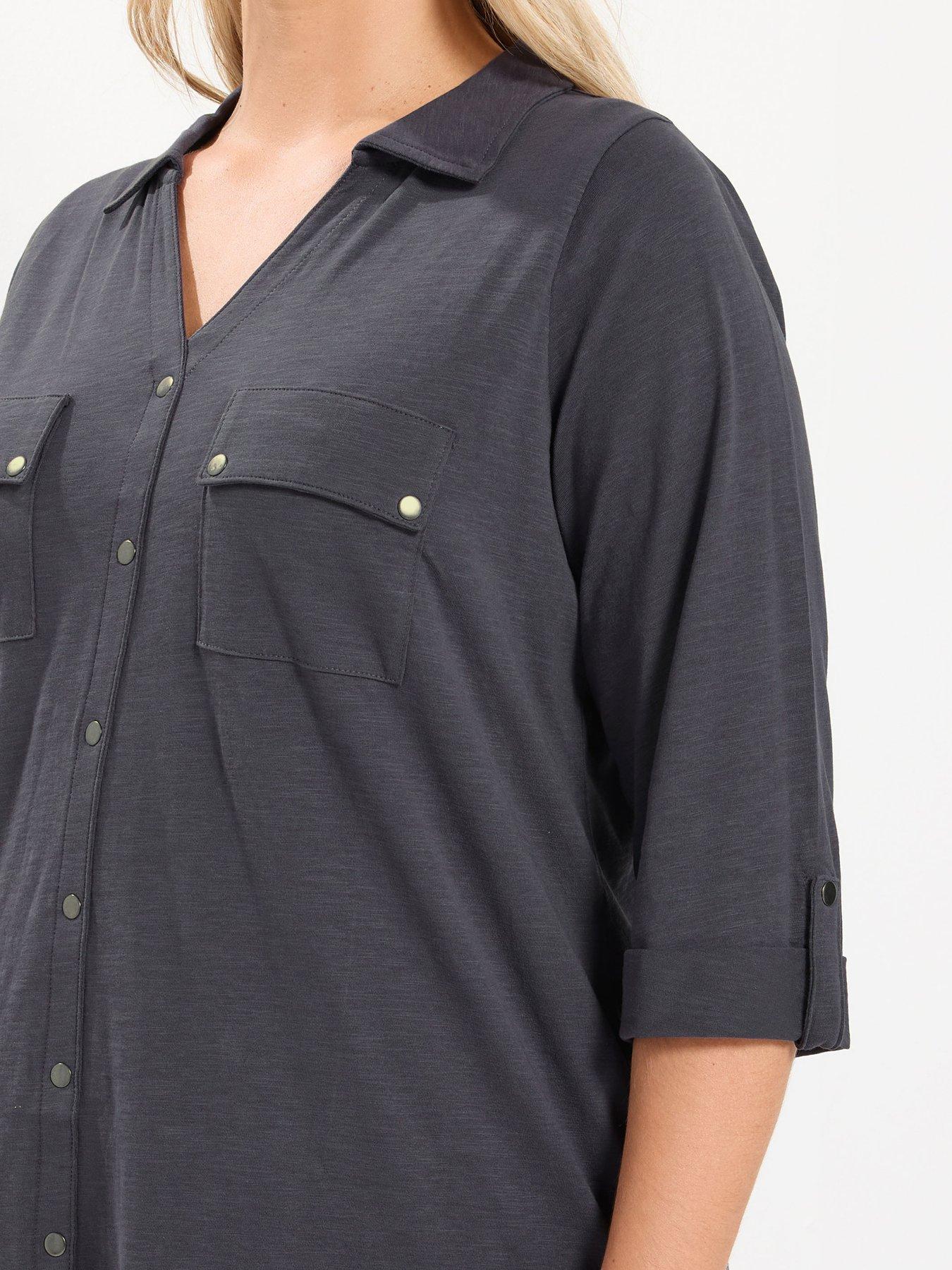 Image 4 of 4 of Yours Curve Jersey Full Placket Shirt - Grey