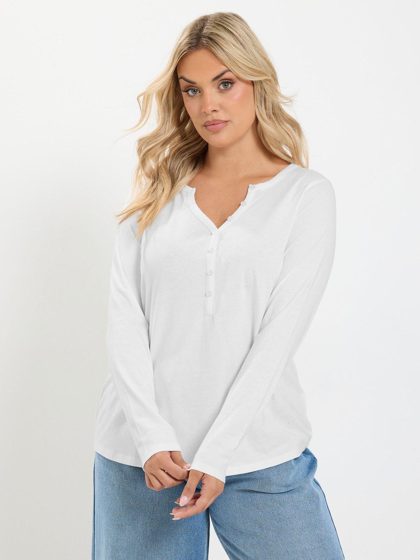 Image 1 of 3 of Yours Curve Long Sleeve Henley Button T-Shirt - Cream