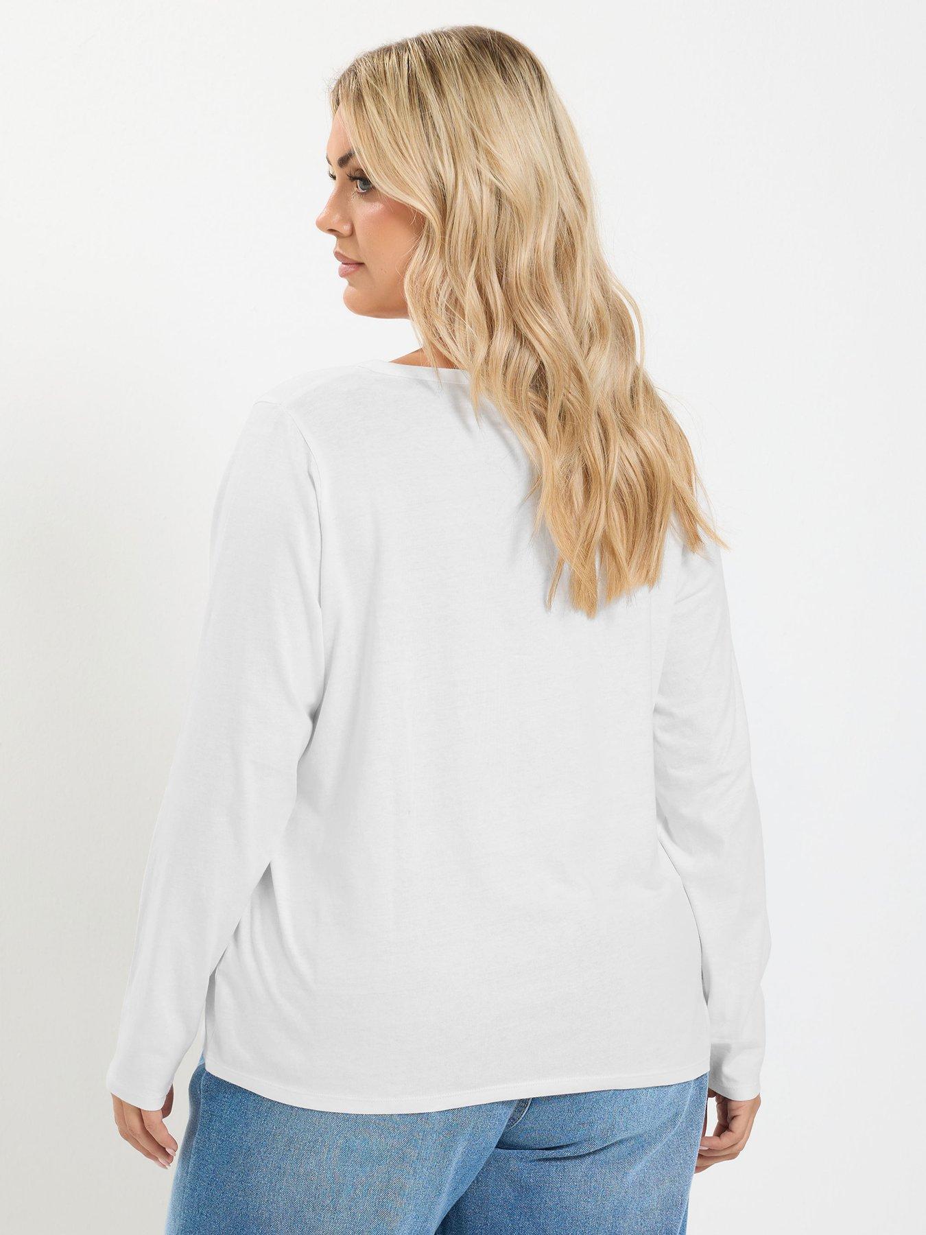 Image 2 of 3 of Yours Curve Long Sleeve Henley Button T-Shirt - Cream