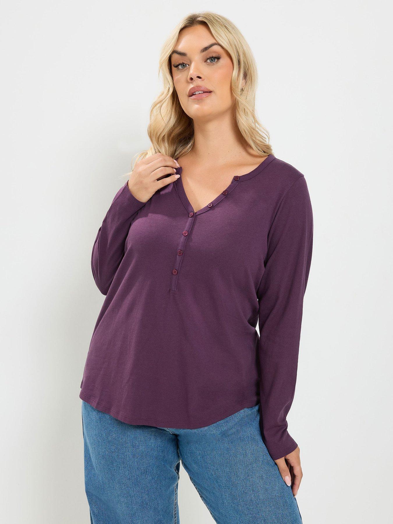 Image 1 of 4 of Yours Curve Long Sleeve Henley Button T-Shirt - Purple