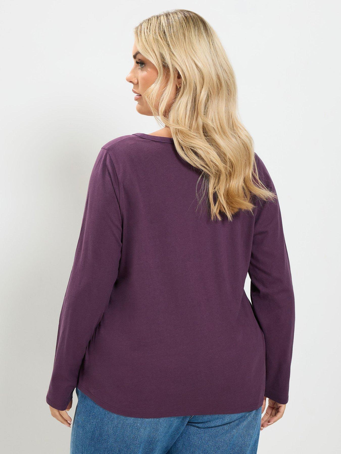 Image 2 of 4 of Yours Curve Long Sleeve Henley Button T-Shirt - Purple