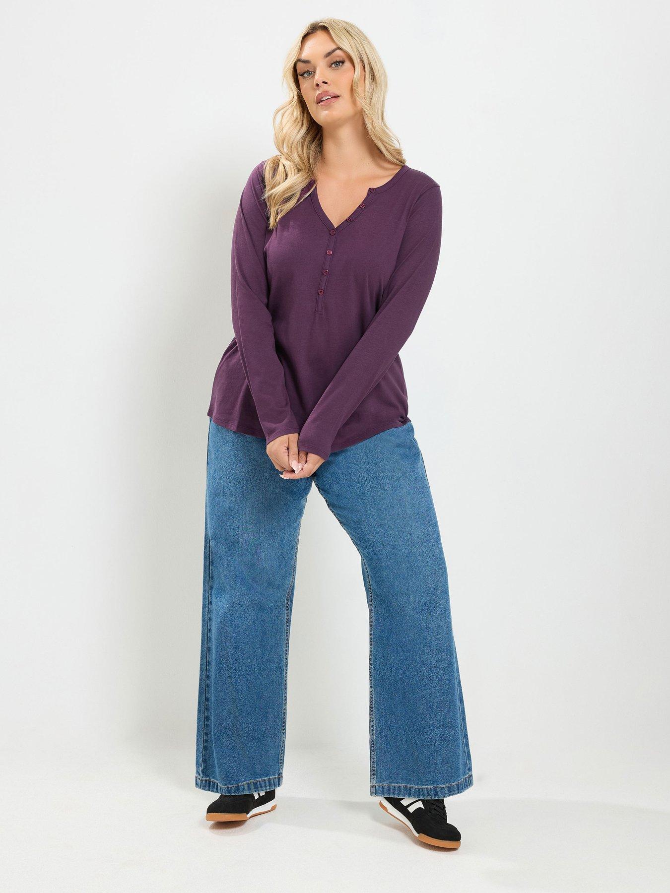 Image 3 of 4 of Yours Curve Long Sleeve Henley Button T-Shirt - Purple
