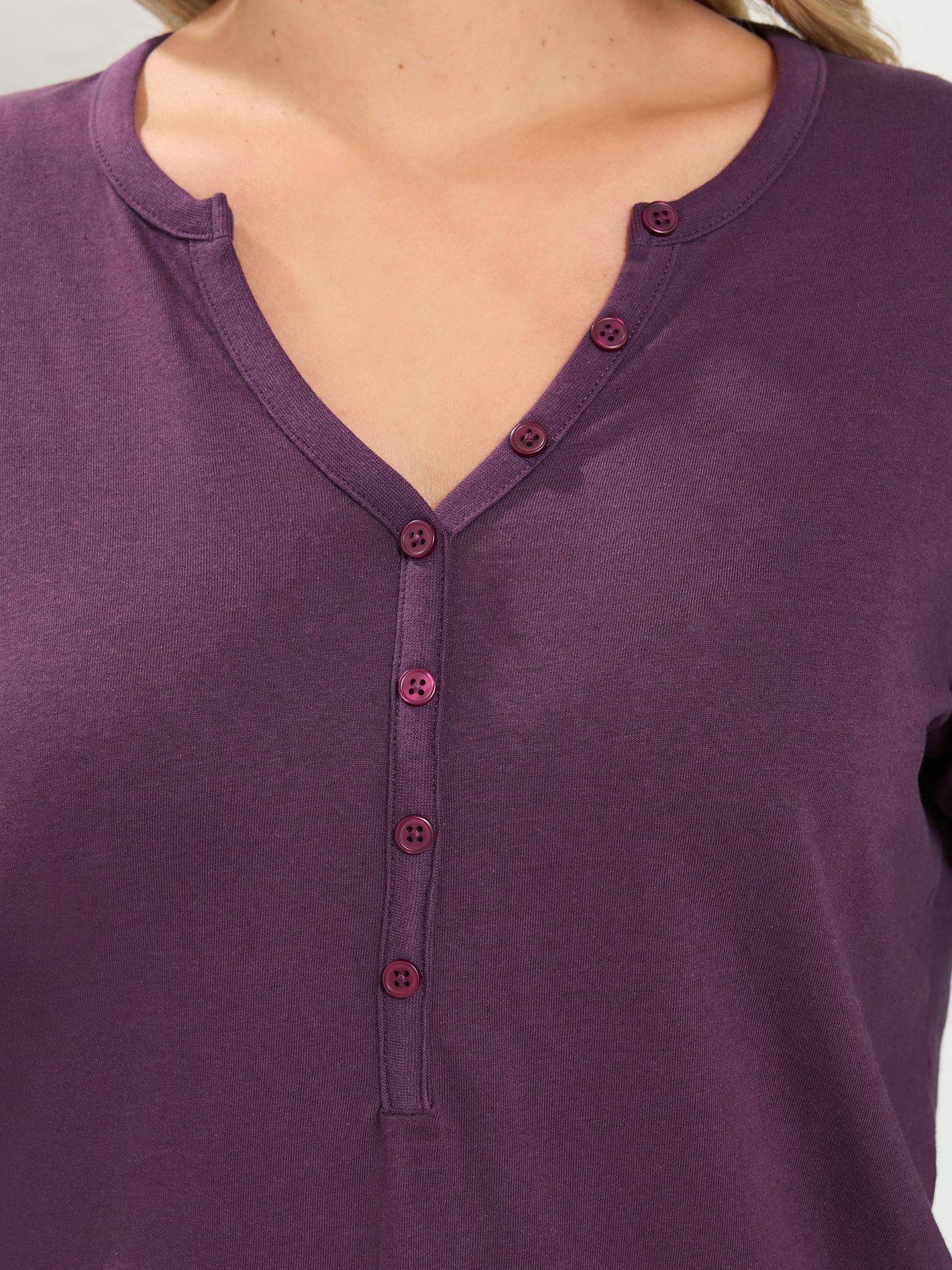 Image 4 of 4 of Yours Curve Long Sleeve Henley Button T-Shirt - Purple