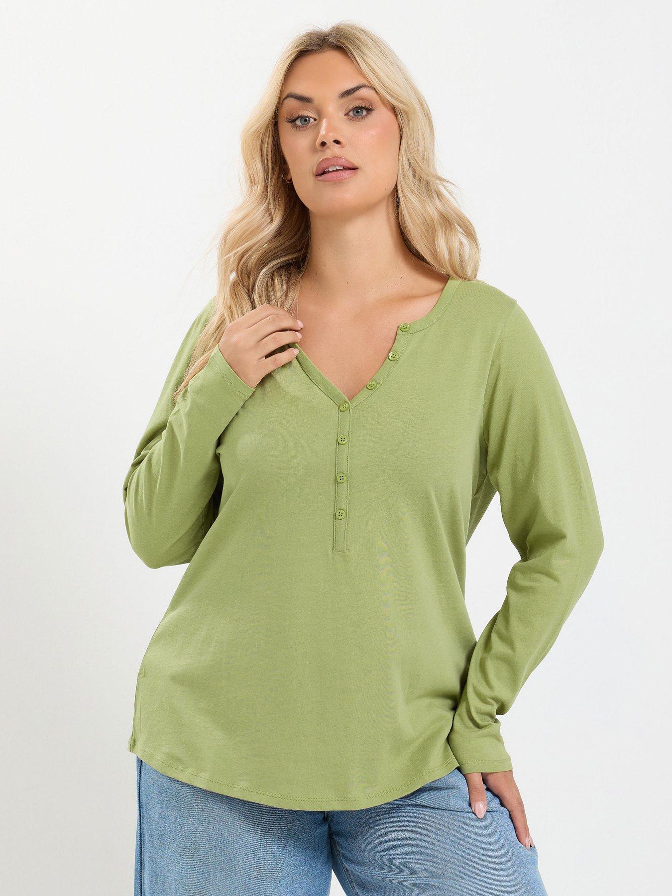 Image 1 of 4 of Yours Curve Long Sleeve Henley Button T-Shirt - Green