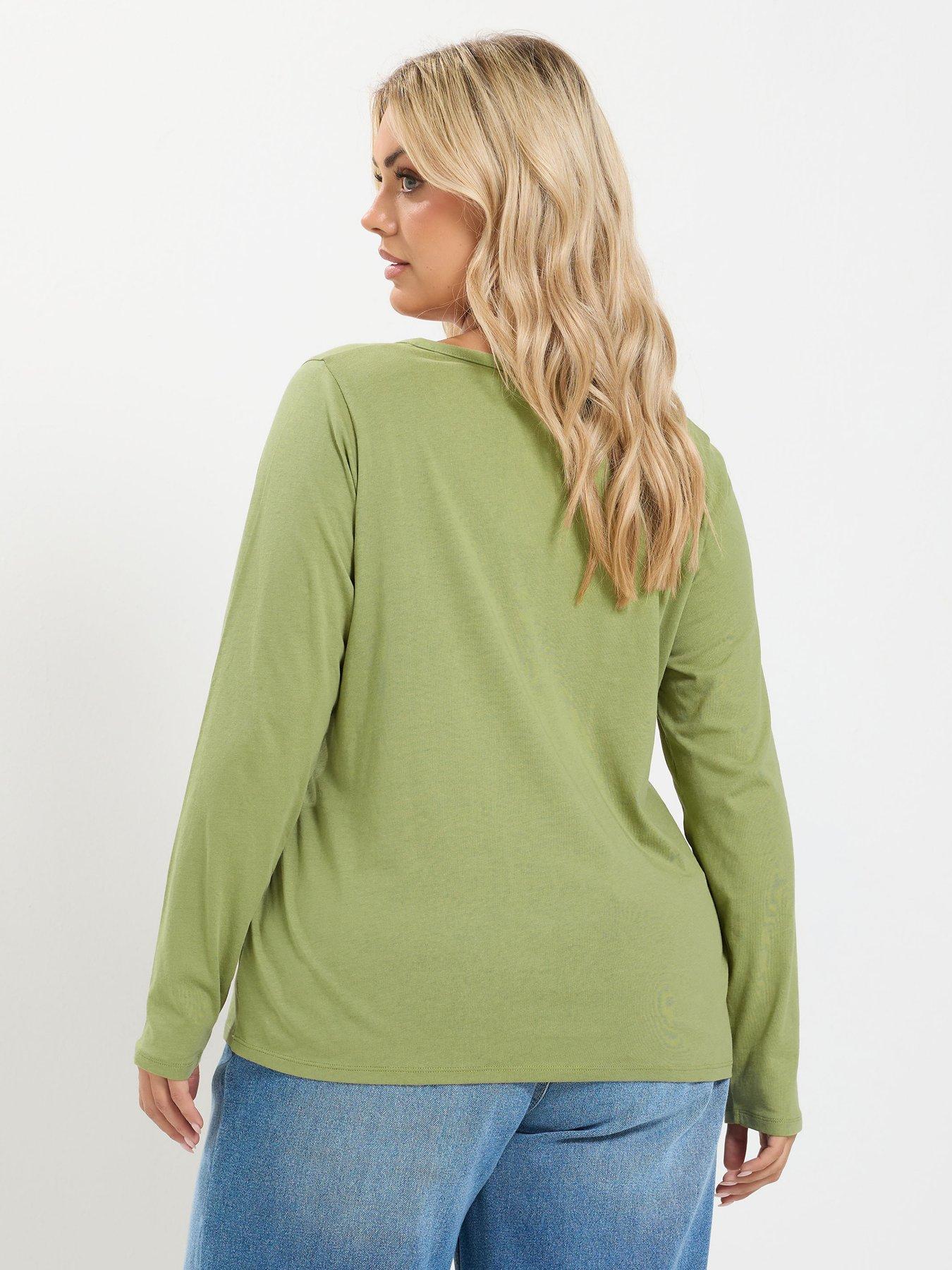 Image 2 of 4 of Yours Curve Long Sleeve Henley Button T-Shirt - Green