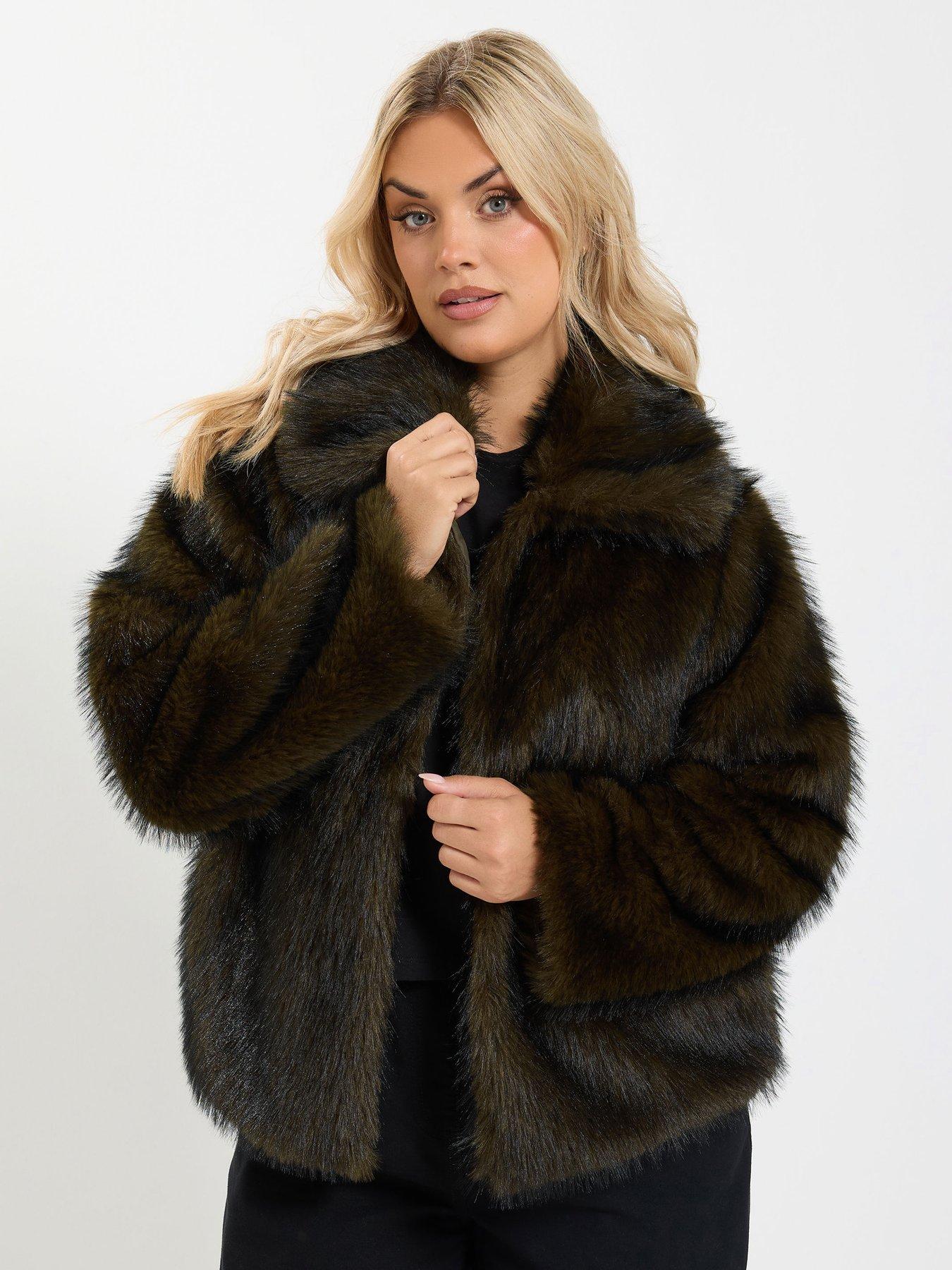 Yours Curve Faux Fur Tipped Coat - Brown