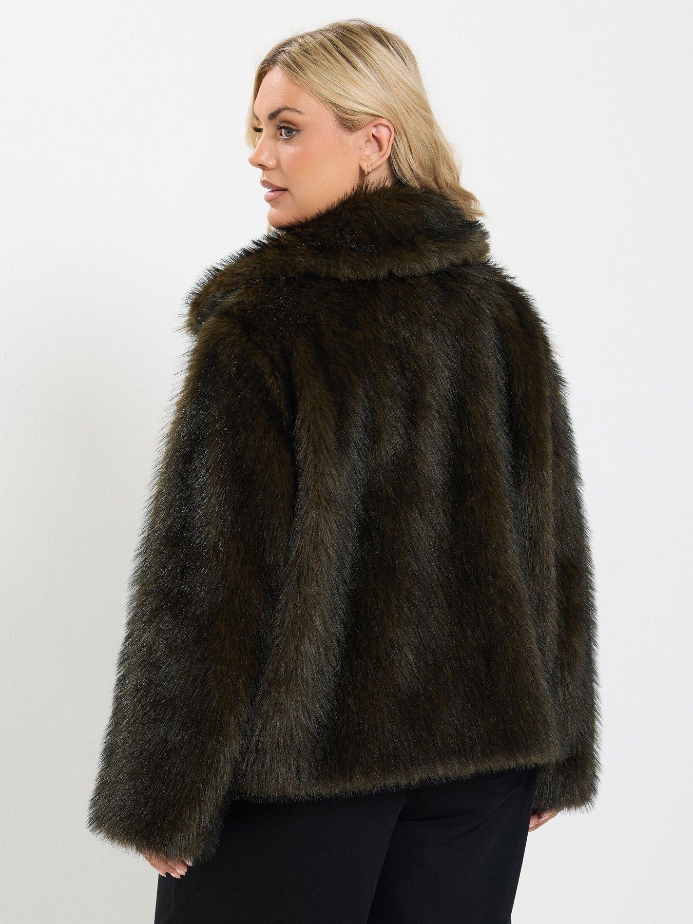 Image 2 of 4 of Yours Curve Faux Fur Tipped Coat - Brown