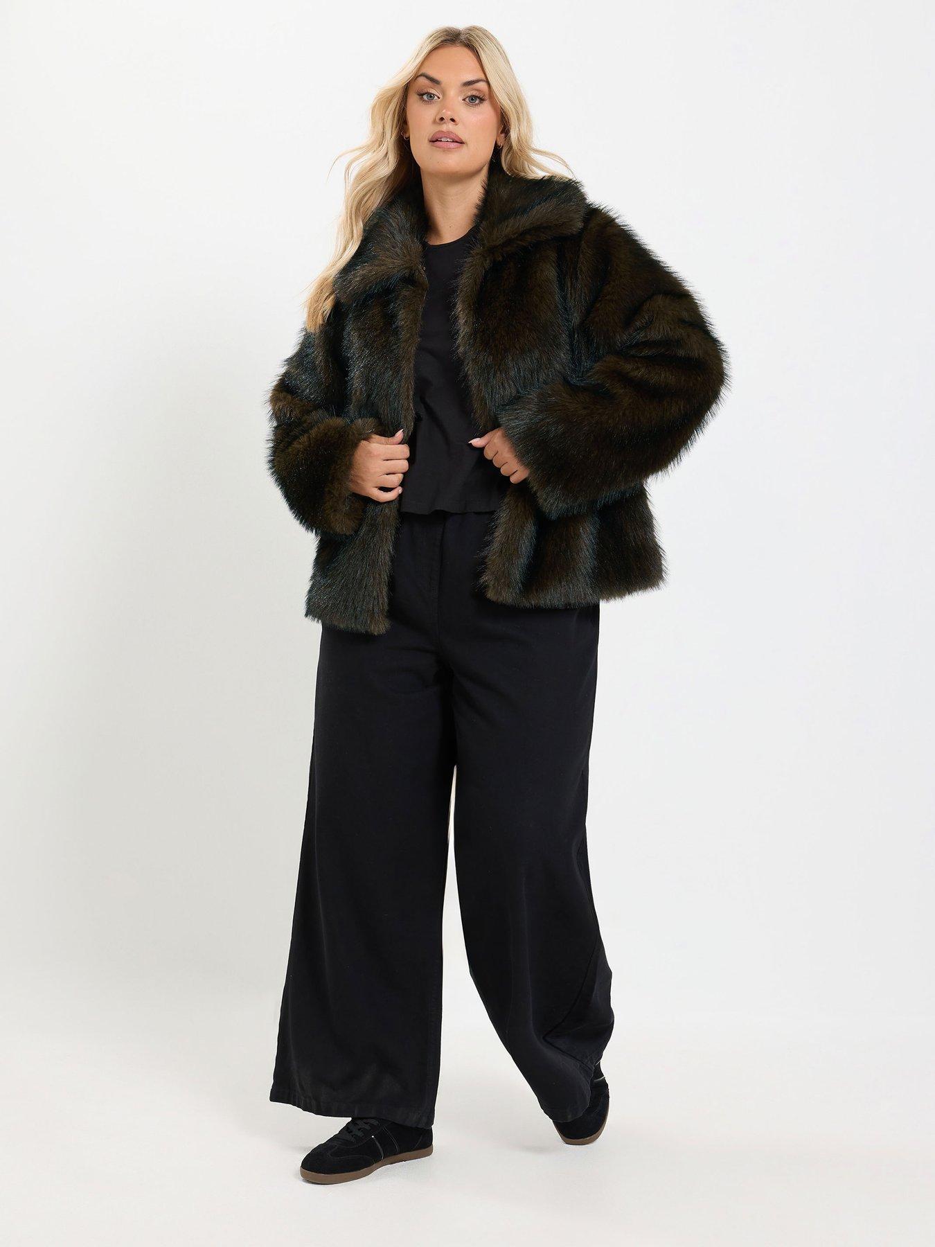 Image 3 of 4 of Yours Curve Faux Fur Tipped Coat - Brown