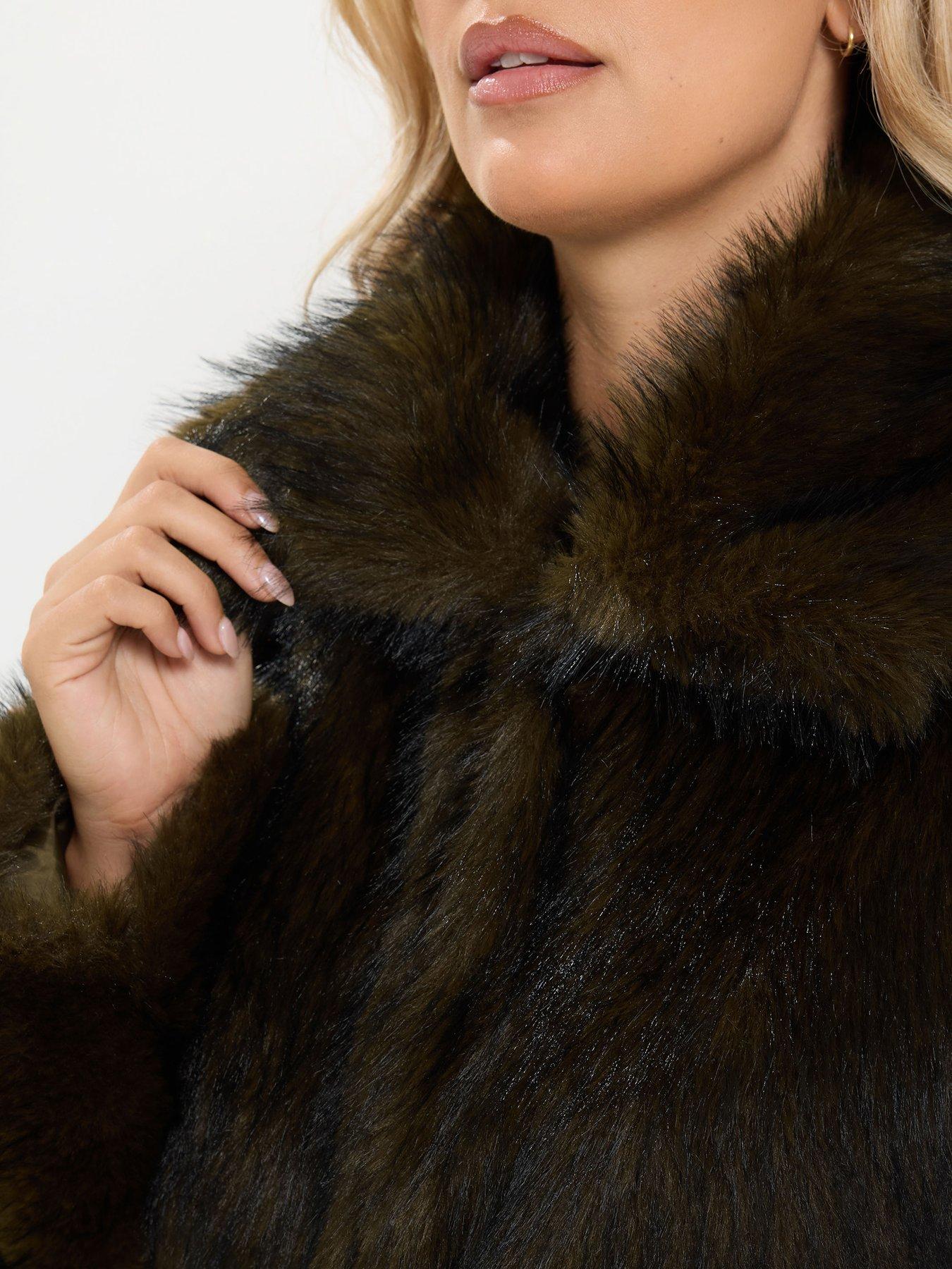Image 4 of 4 of Yours Curve Faux Fur Tipped Coat - Brown