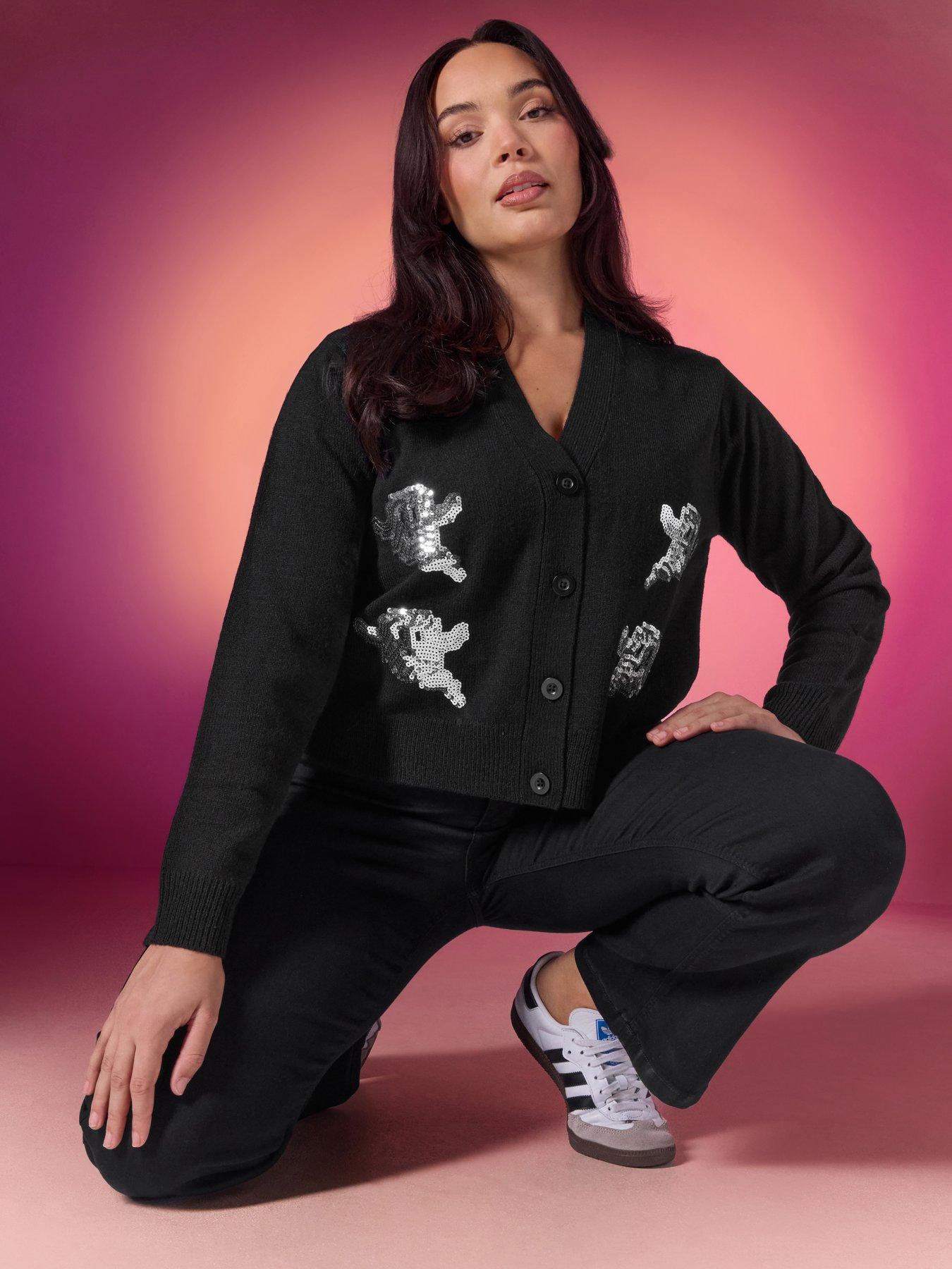 Image 1 of 4 of Yours Womens Curve Sequin Ghost Cardigan - Black