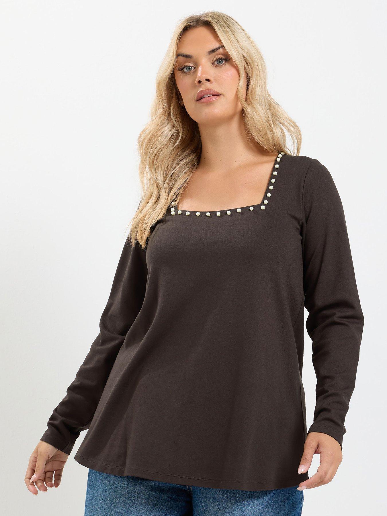 Yours Curve Square Neck Pearl Trim T-shirt