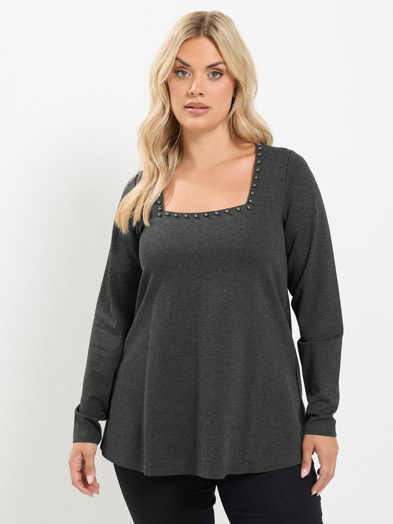 Yours Curve Square Neck Pearl Trim T-shirt