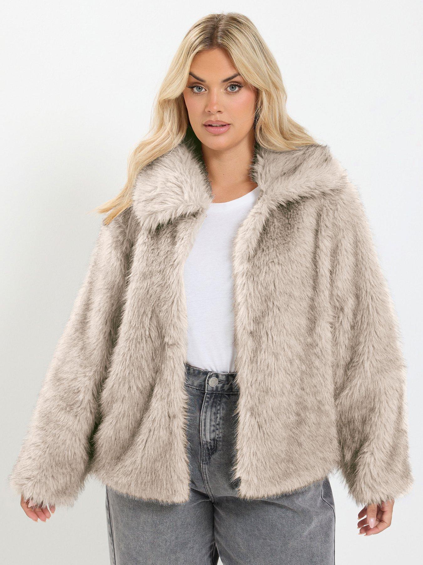 Yours Curve Faux Fur Tipped Coat - Grey