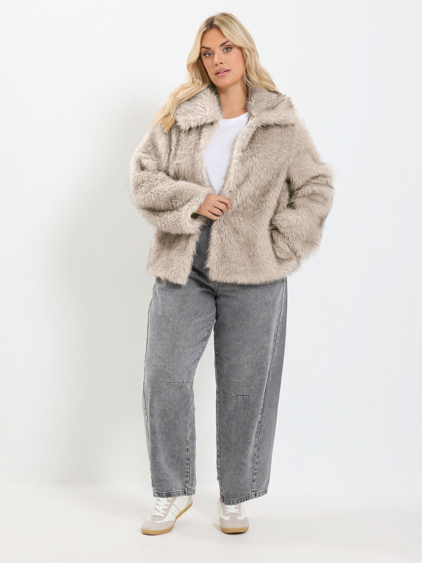 Image 3 of 4 of Yours Curve Faux Fur Tipped Coat - Grey
