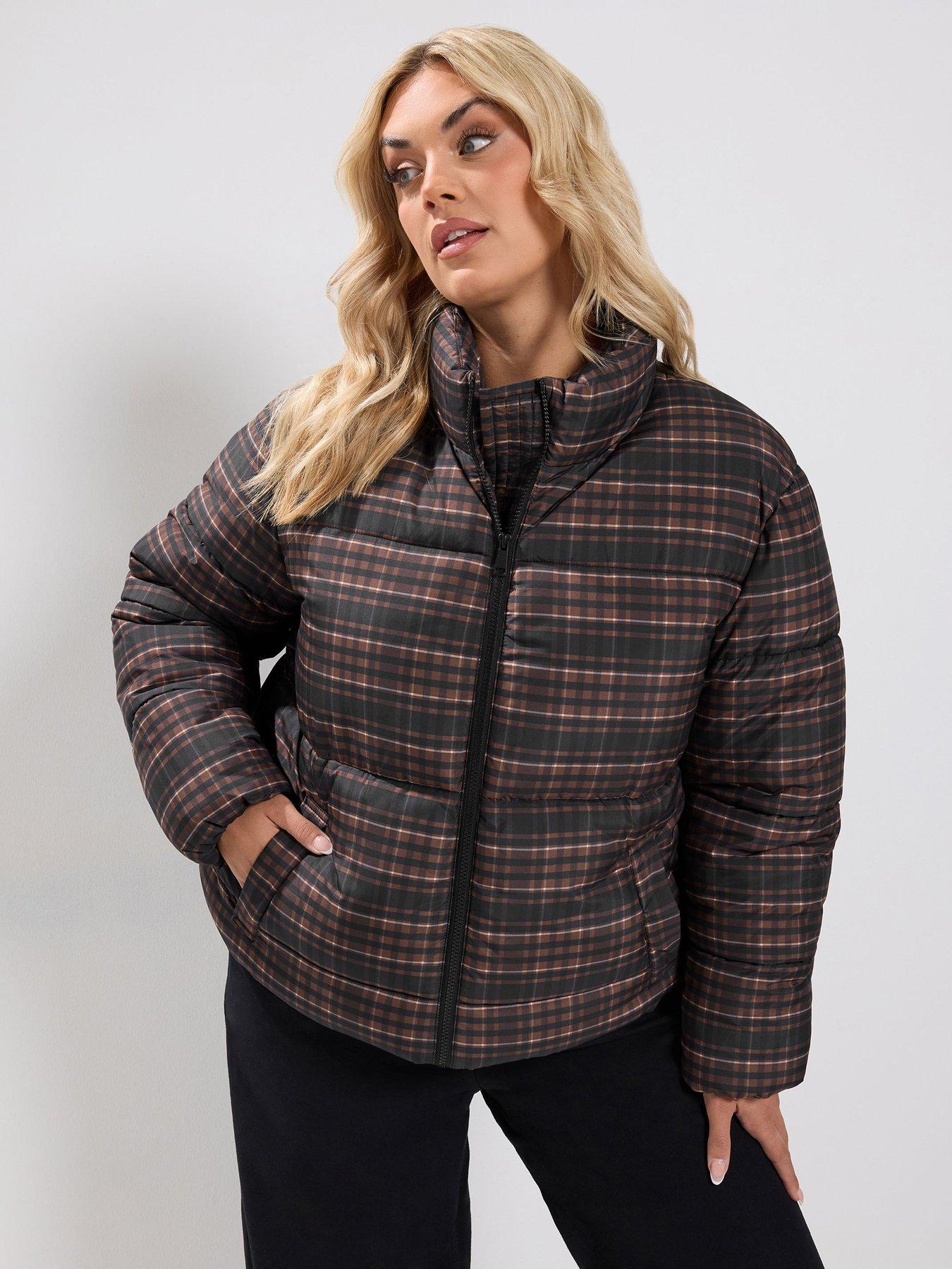 Yours Curve Check Padded Parka - Brown