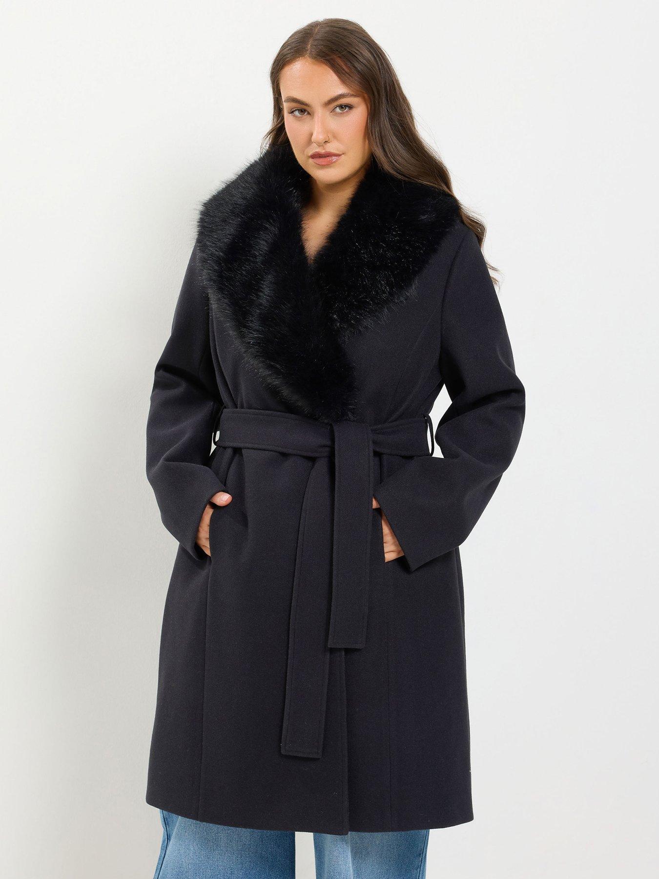 Yours Curve Wrap Longline Wool Fur Collar Coat - Black