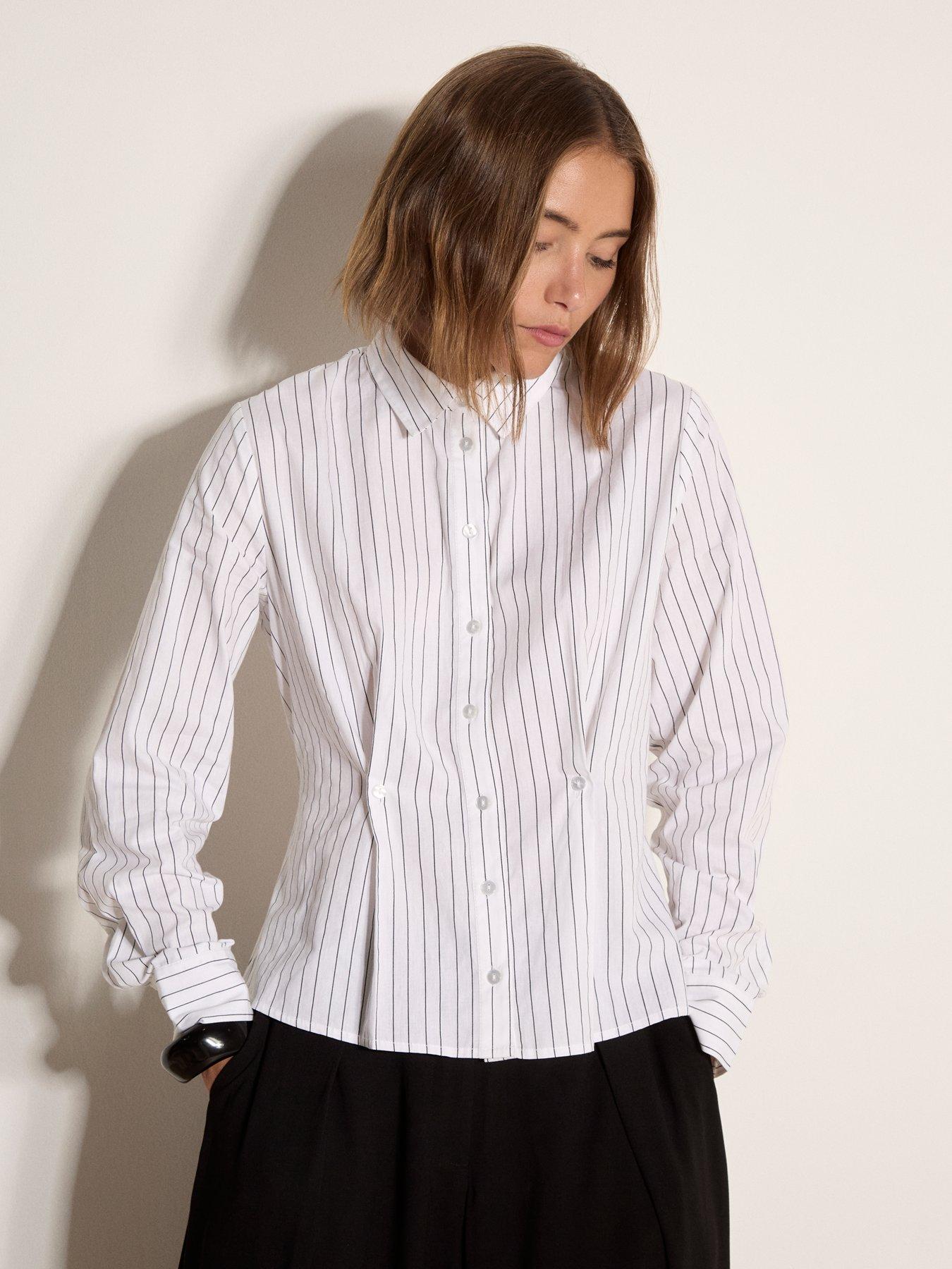 Image 1 of 4 of Apricot Apricot Stripe Cinched Open Colalr Shirt