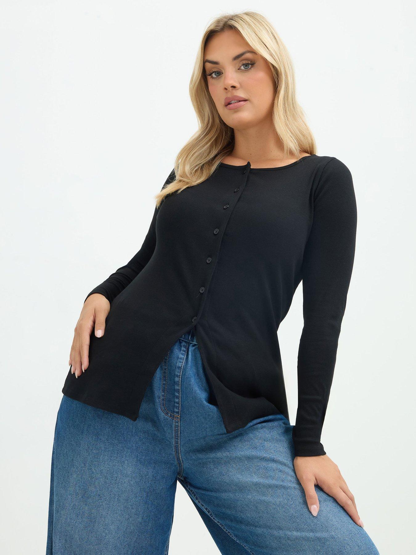 Image 1 of 4 of Yours Womens Curve Button Front Long Sleeve Top&nbsp;- Black