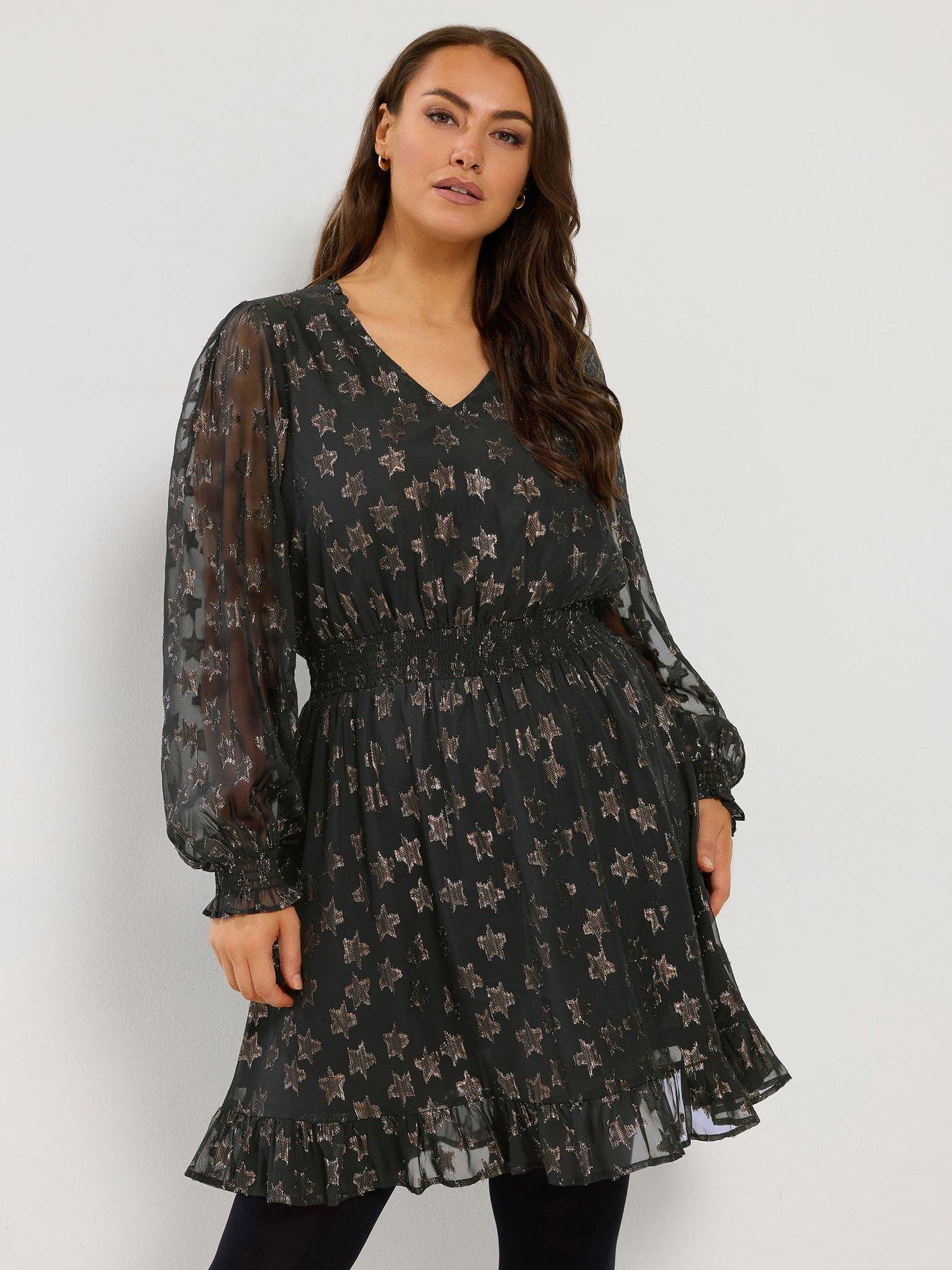 Image 1 of 4 of Yours Womens Curve V-Neck Shirred Waist Ruffle Hem Dress - Black