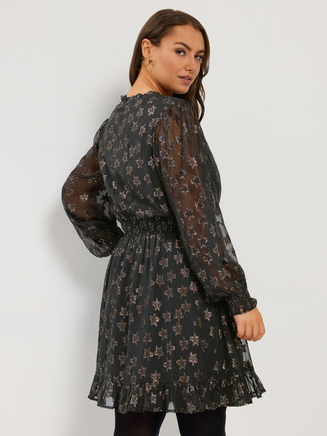 Image 2 of 4 of Yours Womens Curve V-Neck Shirred Waist Ruffle Hem Dress - Black