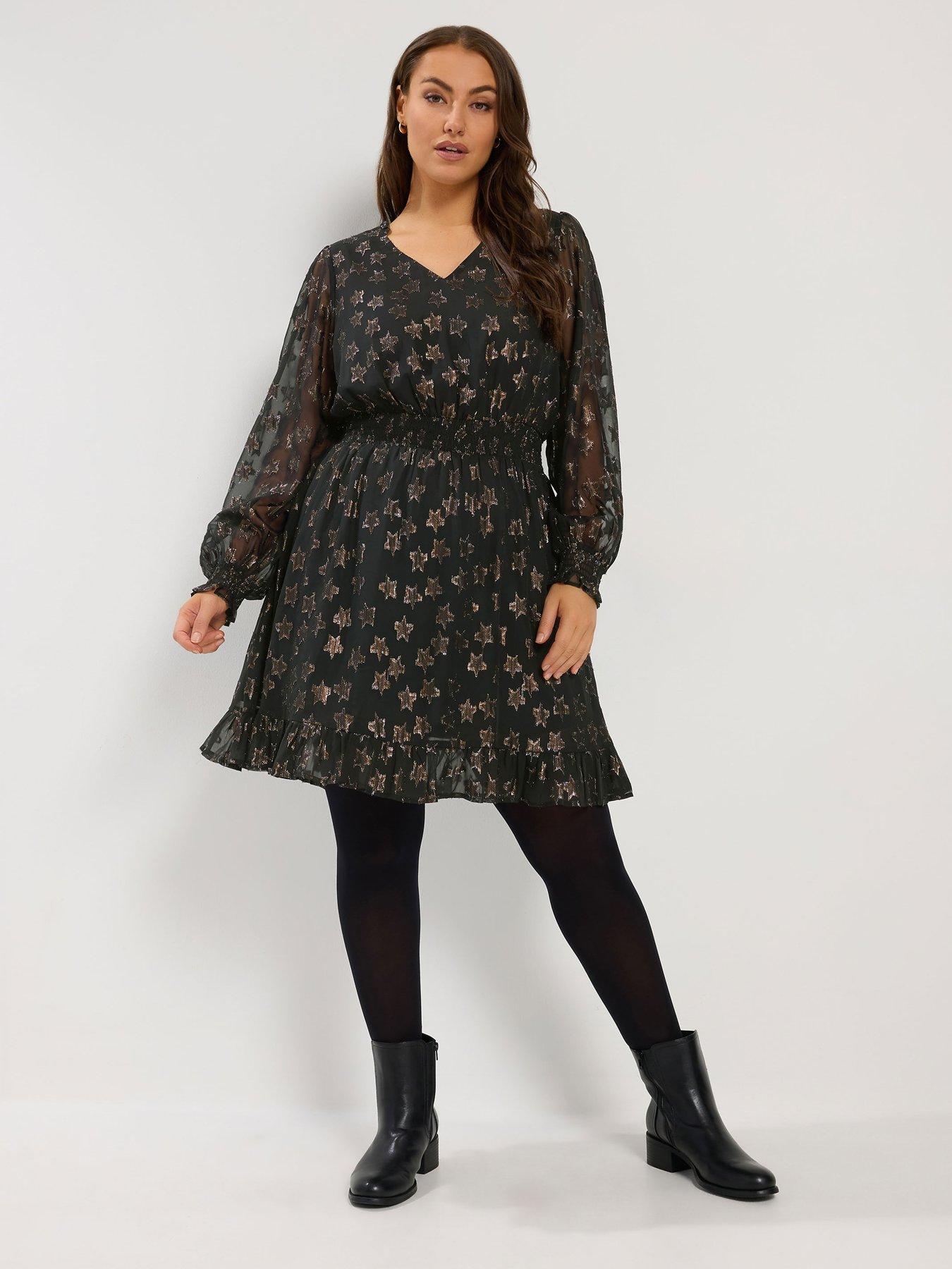 Image 3 of 4 of Yours Womens Curve V-Neck Shirred Waist Ruffle Hem Dress - Black