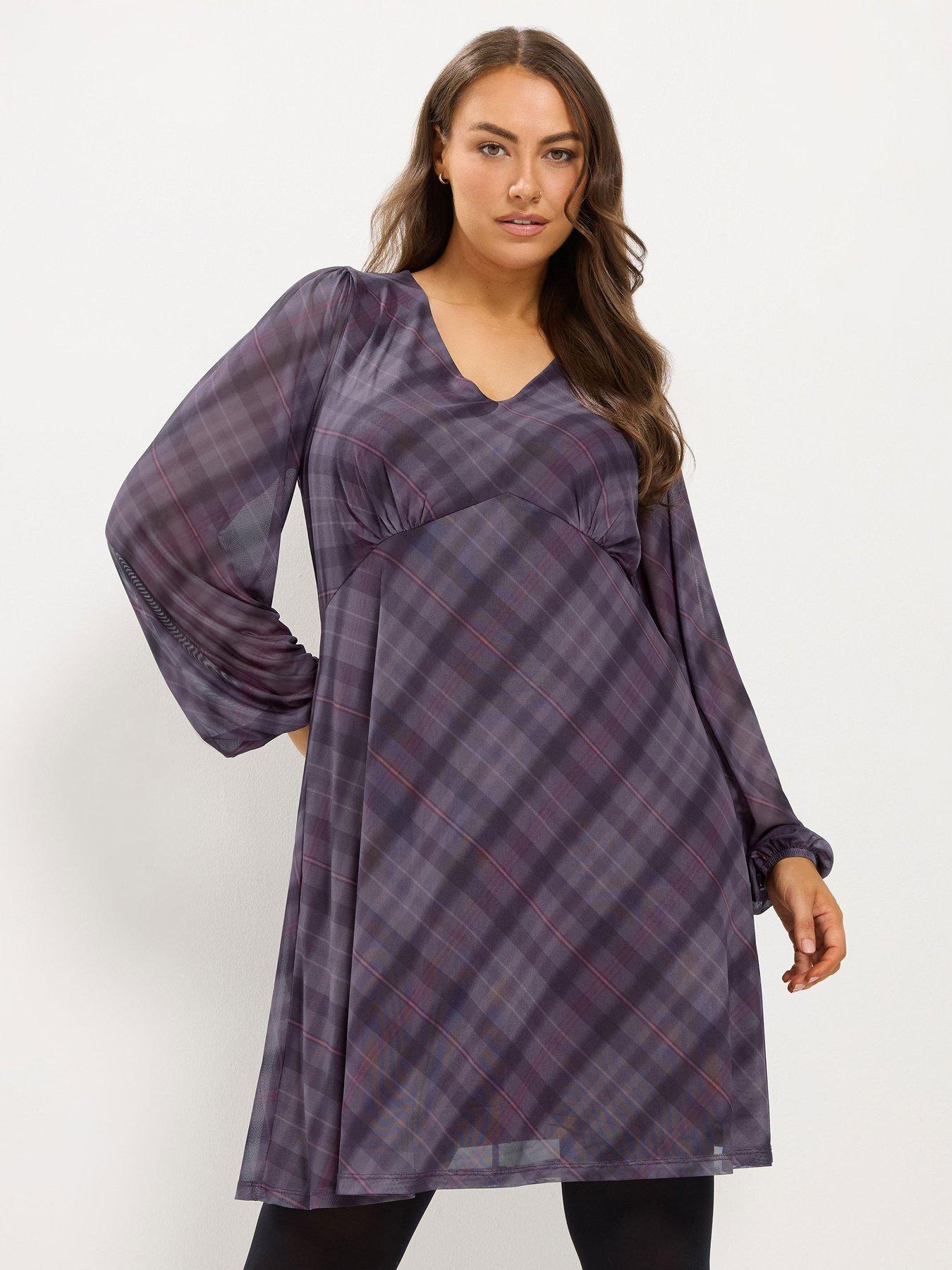 Yours Curve Check Mesh Balloon Sleeve Dress