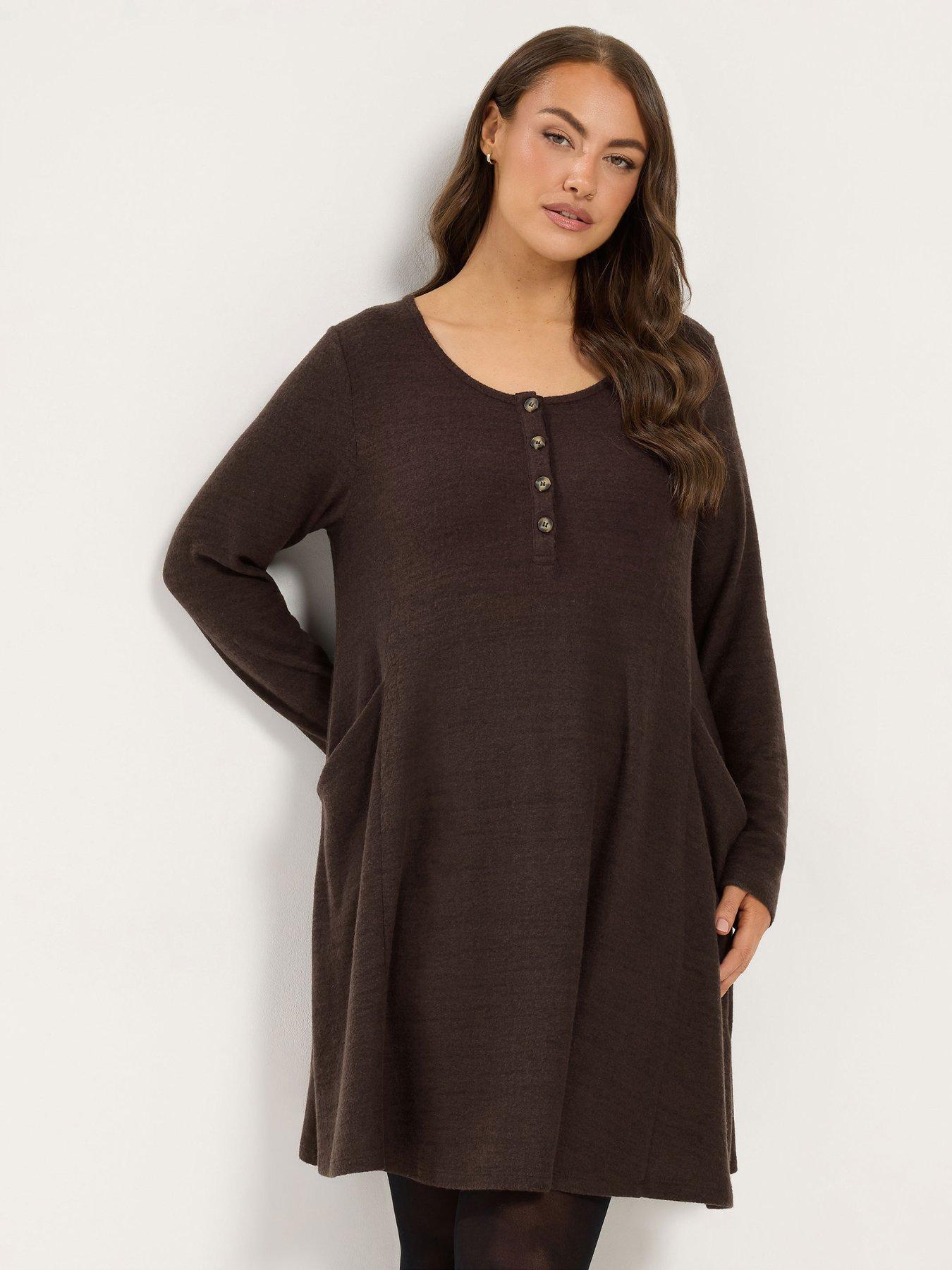 Image 1 of 4 of Yours Womens Curve Henley Drape Pocket Dress - Brown