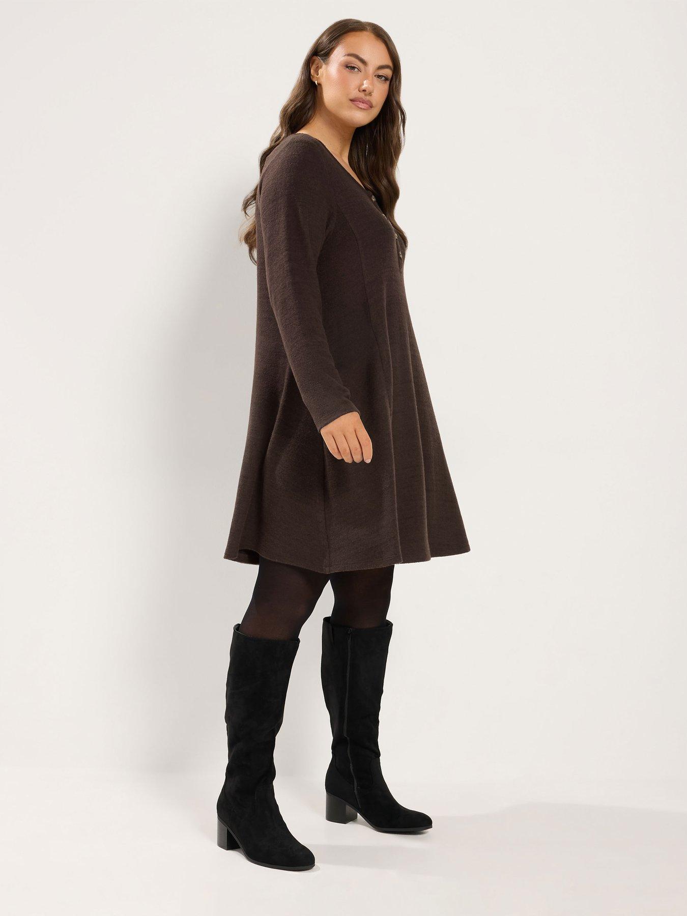 Image 3 of 4 of Yours Womens Curve Henley Drape Pocket Dress - Brown