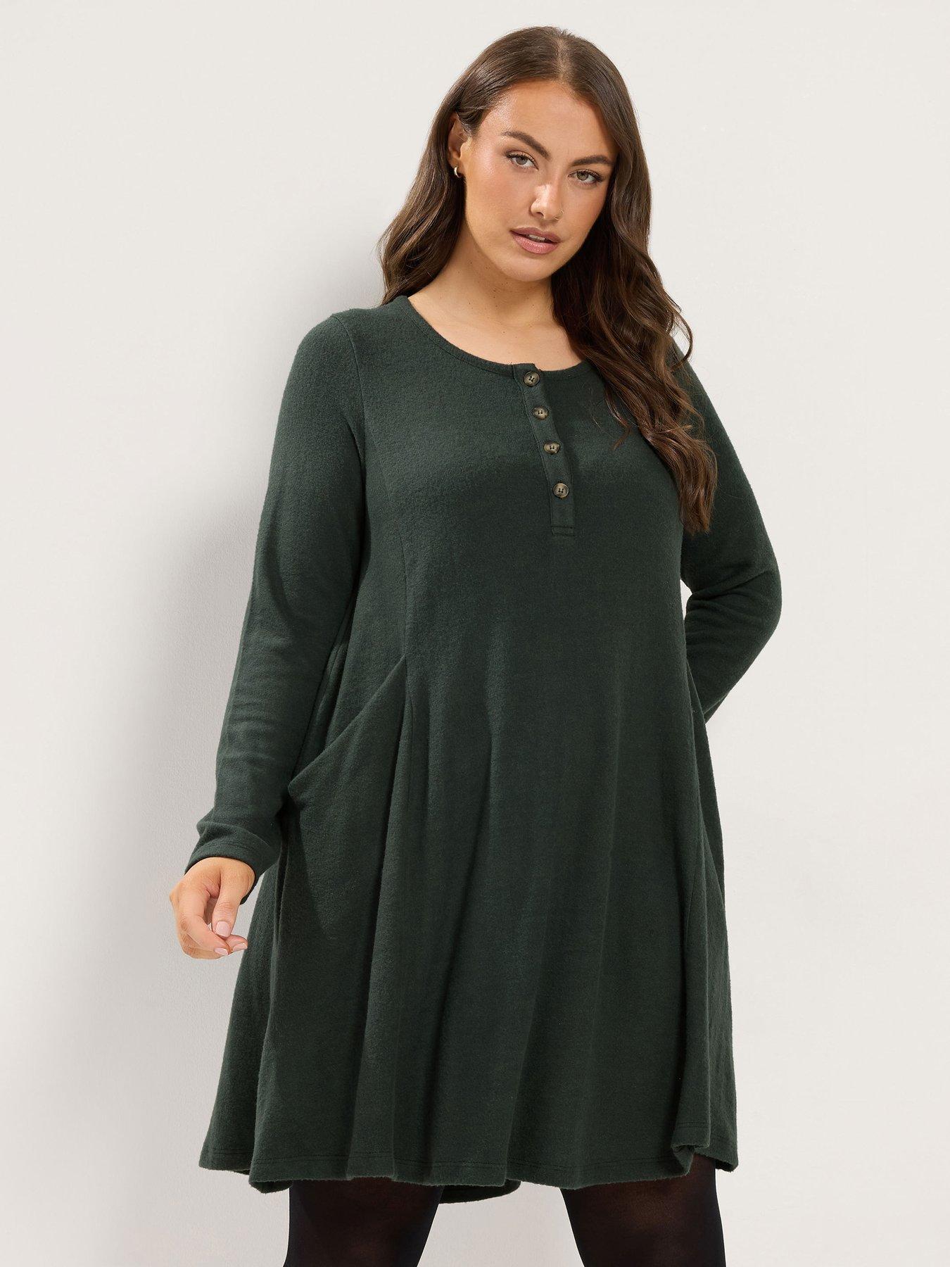 Image 1 of 4 of Yours Womens Curve Henley Button Drape Pocket Dress - Green