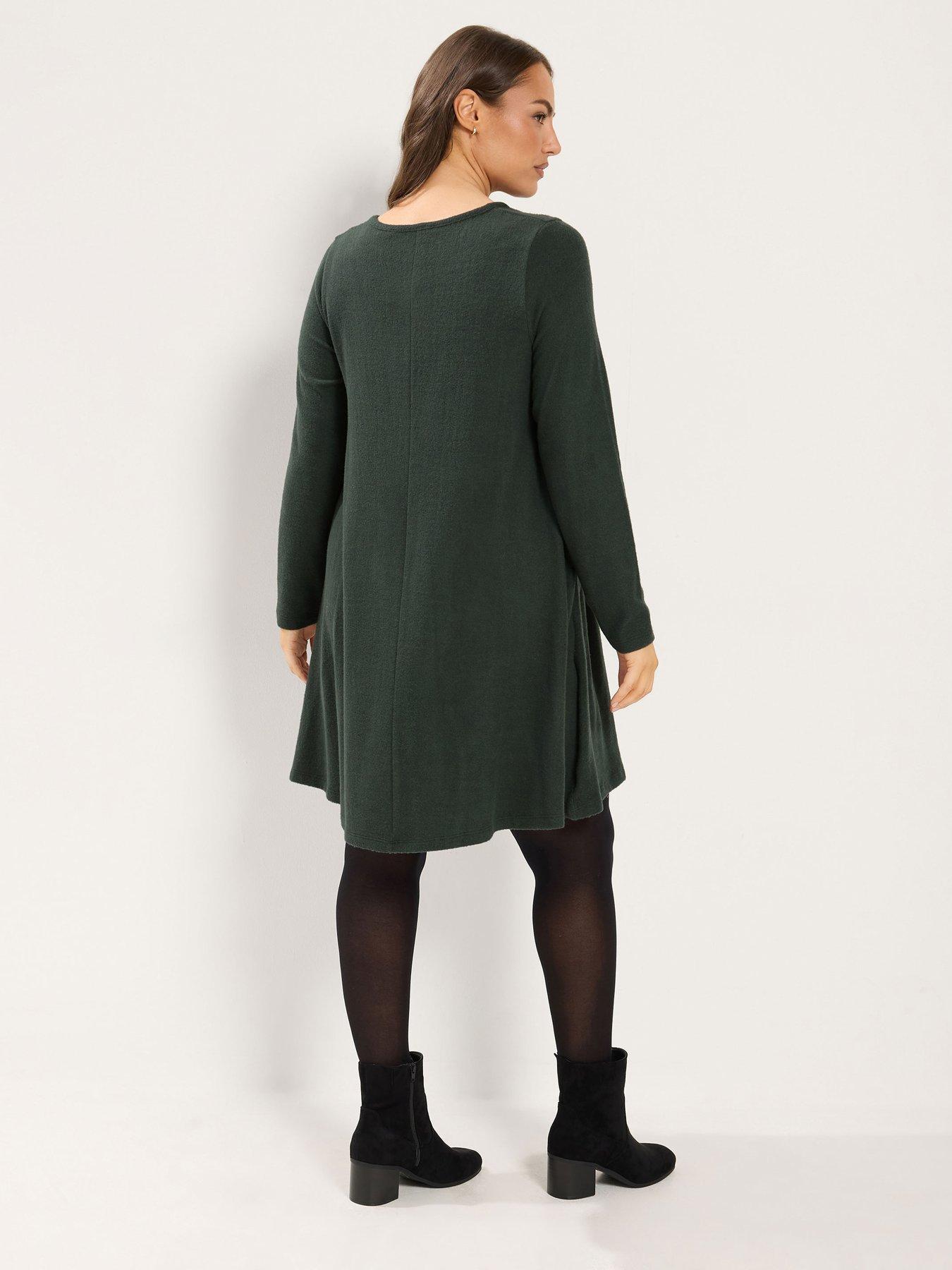 Image 2 of 4 of Yours Womens Curve Henley Button Drape Pocket Dress - Green