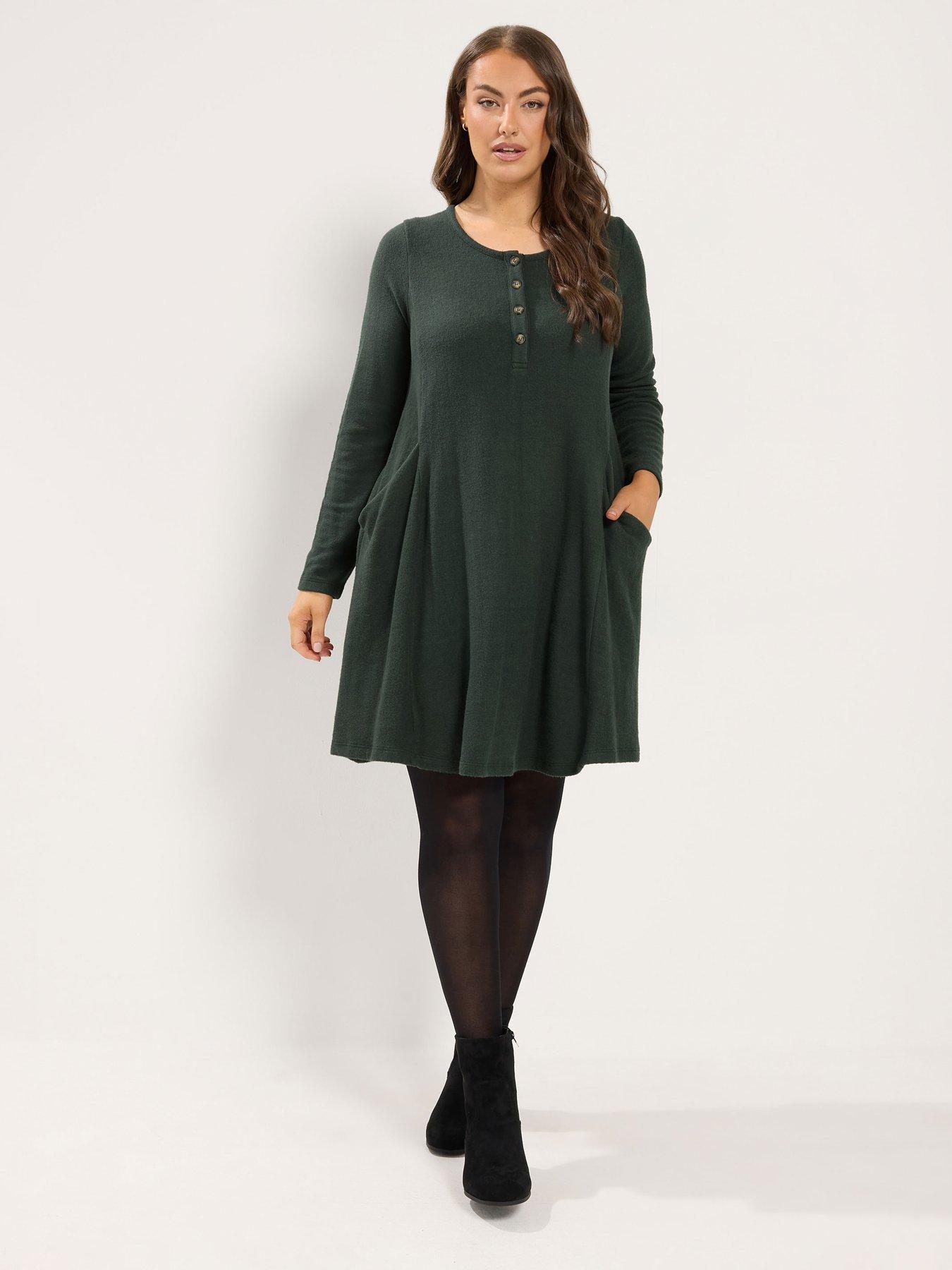 Image 3 of 4 of Yours Womens Curve Henley Button Drape Pocket Dress - Green