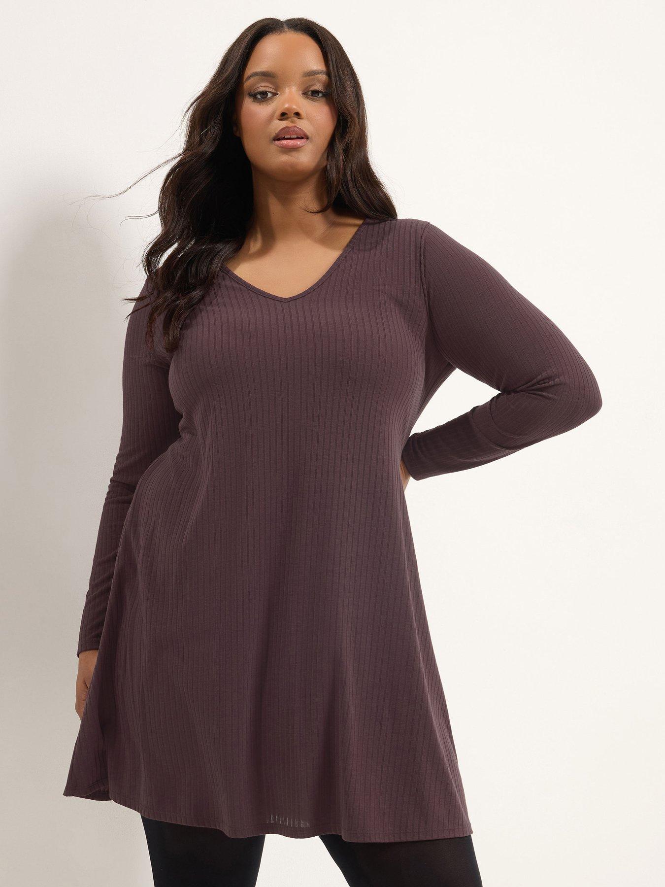 Image 1 of 4 of Yours Womens Curve Ribbed V-Neck Swing Dress - Purple