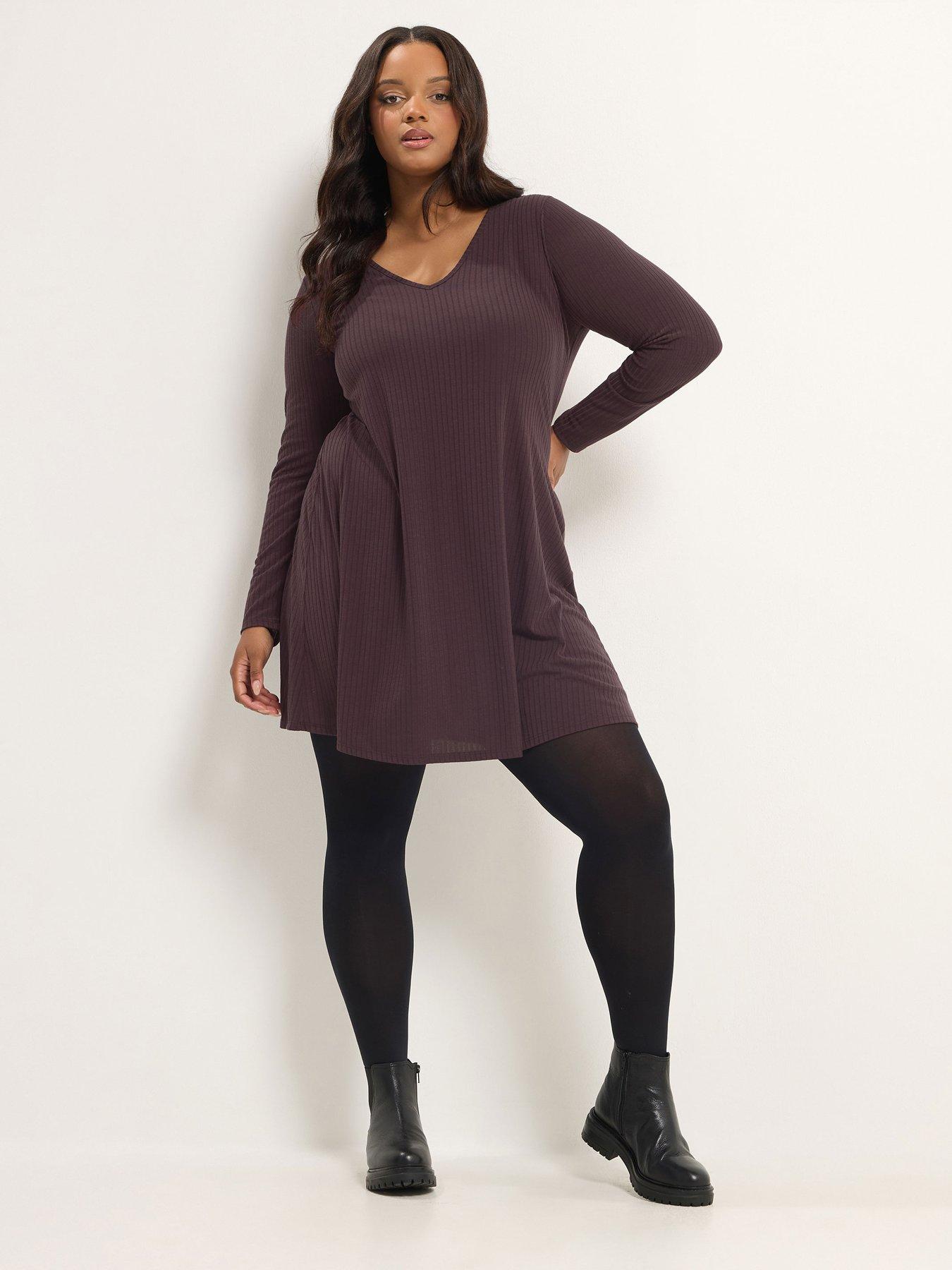 Image 3 of 4 of Yours Womens Curve Ribbed V-Neck Swing Dress - Purple