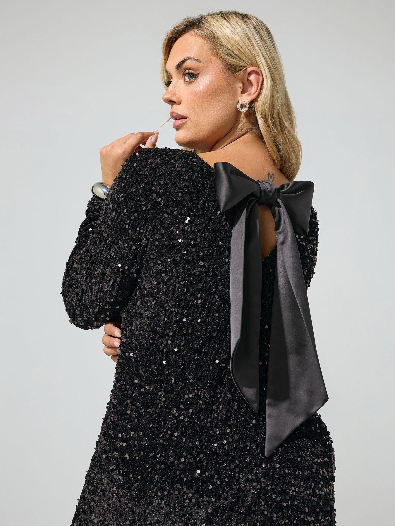 Image 4 of 4 of Yours Curve Sequin Veelvet Satin Bow Shift Dress - Black