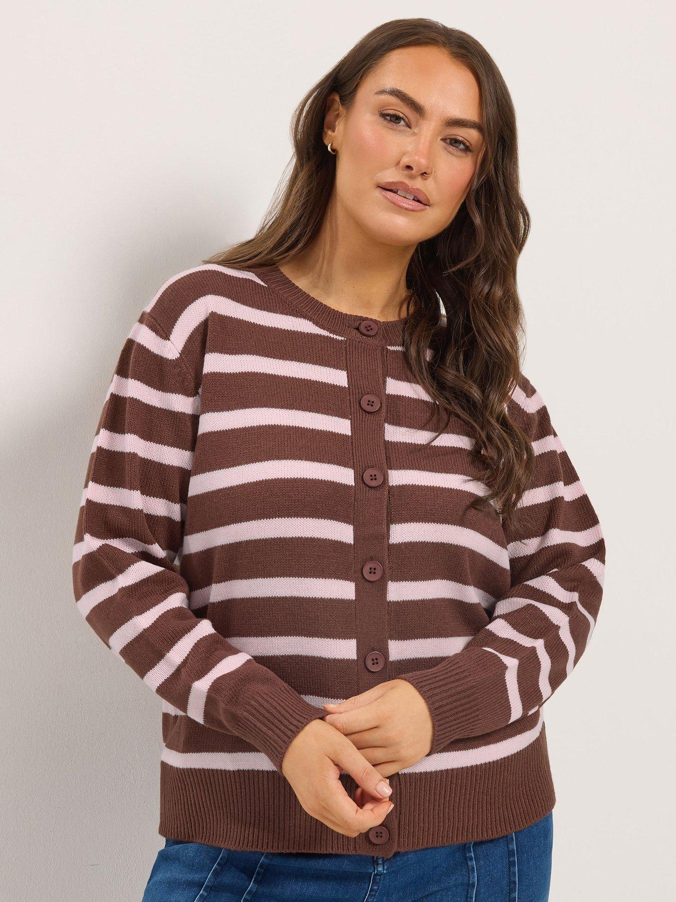 Yours Curve Stripe Crew Cardigan - Pink/Brown
