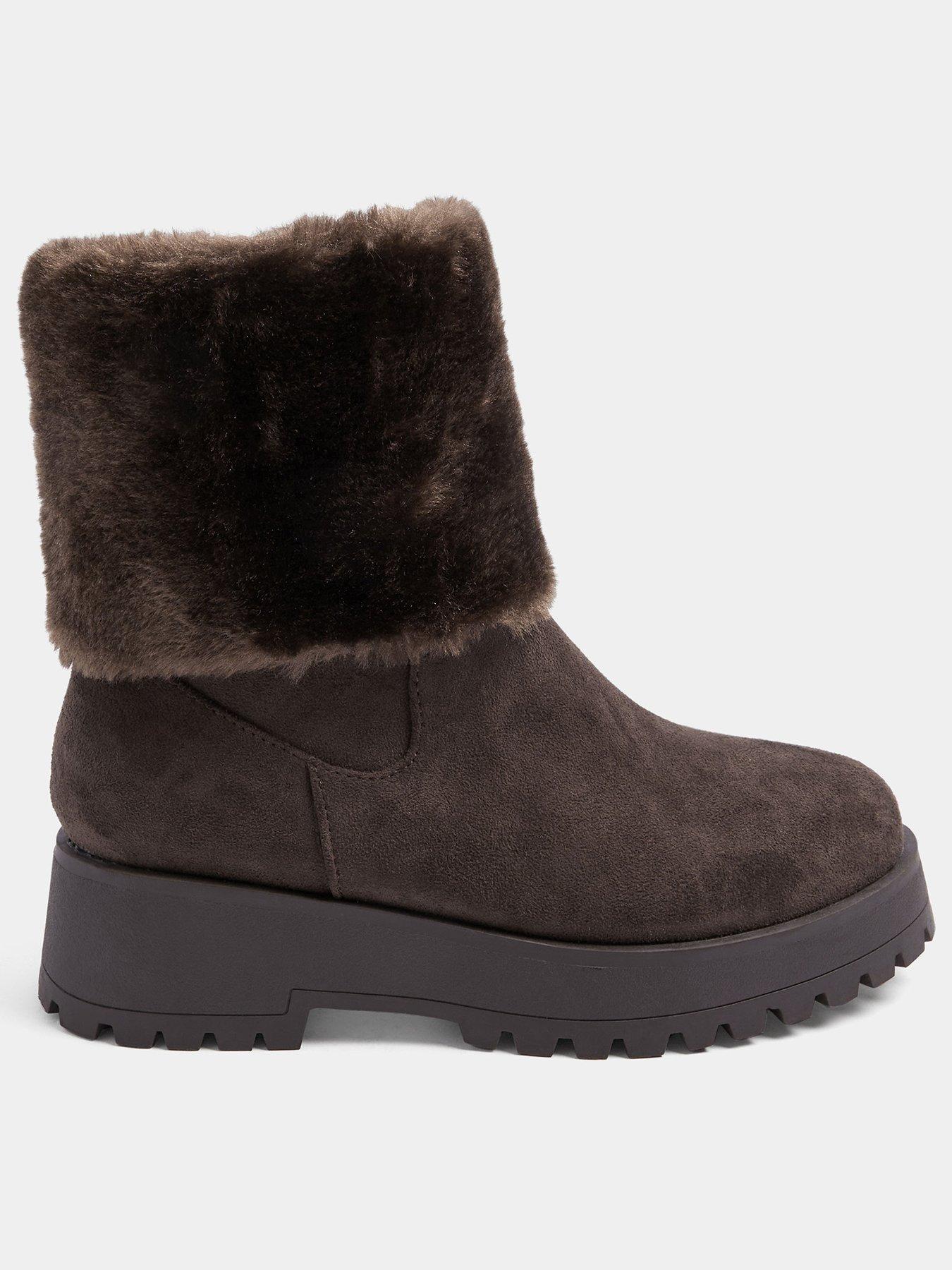 Yours Extra Wide Fit Fur Cuff Wedge Chelsea Boot - Brown