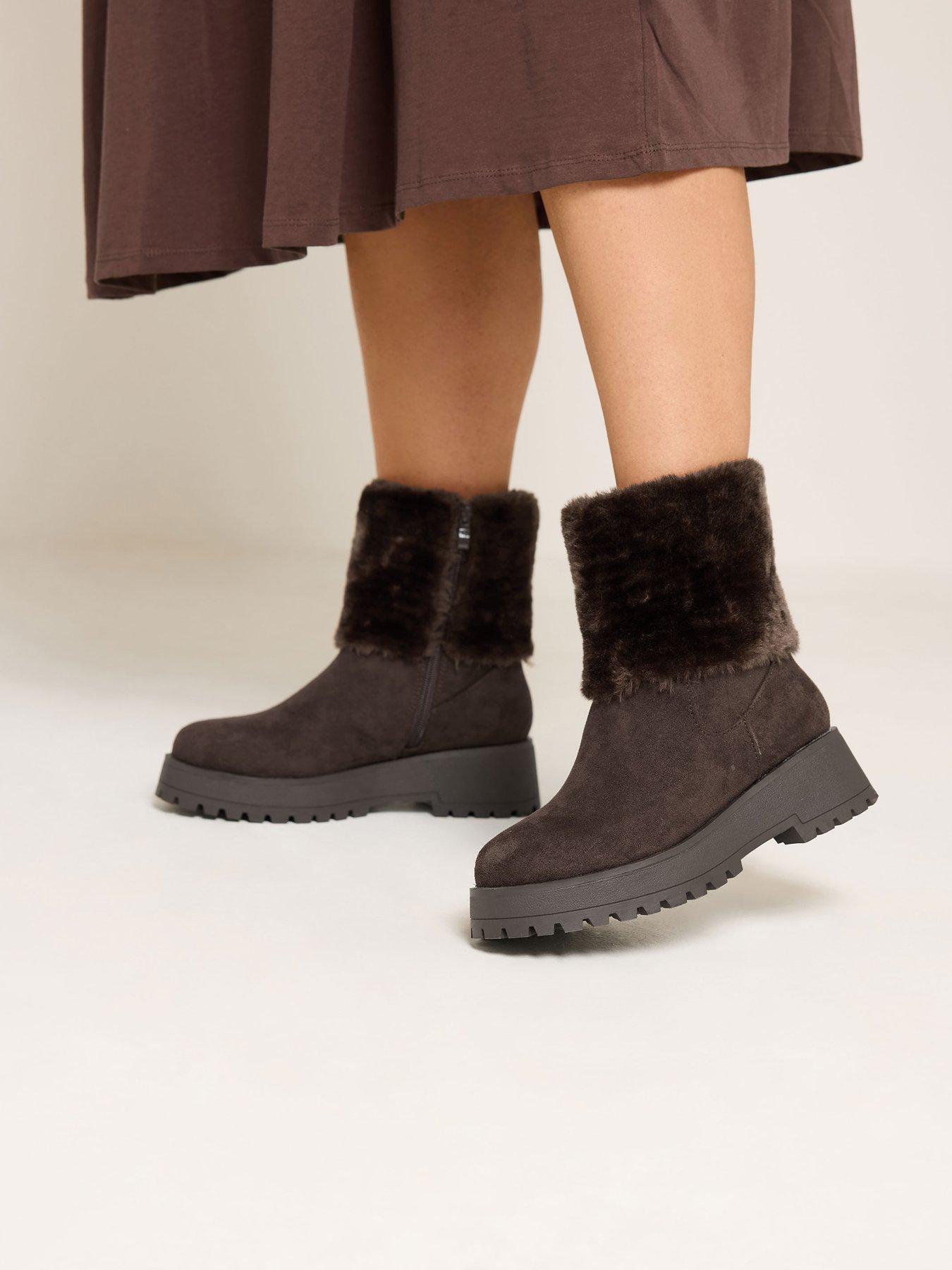 Image 4 of 4 of Yours Wide Fit Fur Cuff Wedge Chelsea Boot - Brown