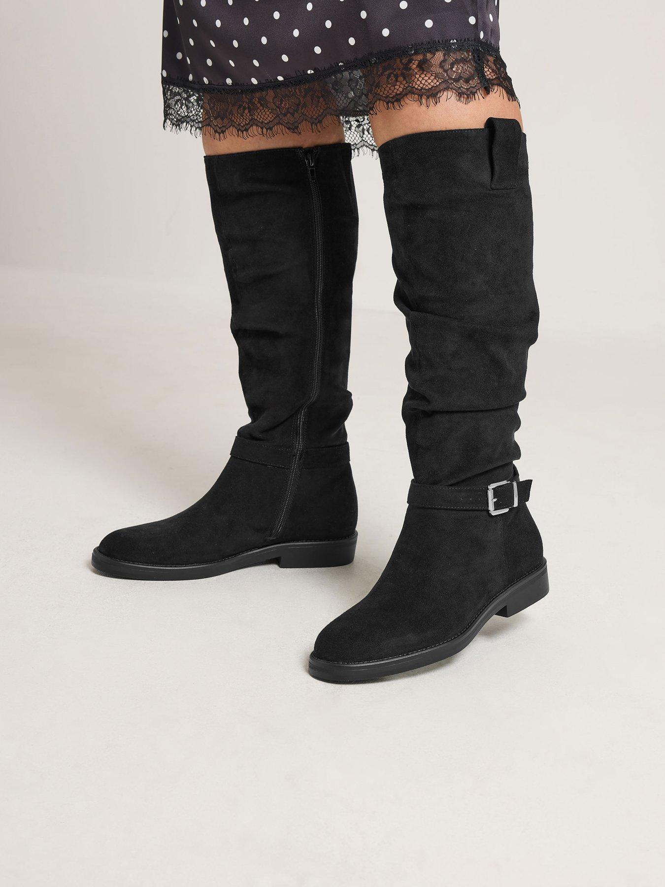 Image 4 of 4 of Yours Wide Fit Ruched Buckle Mid Calf Boot - Black