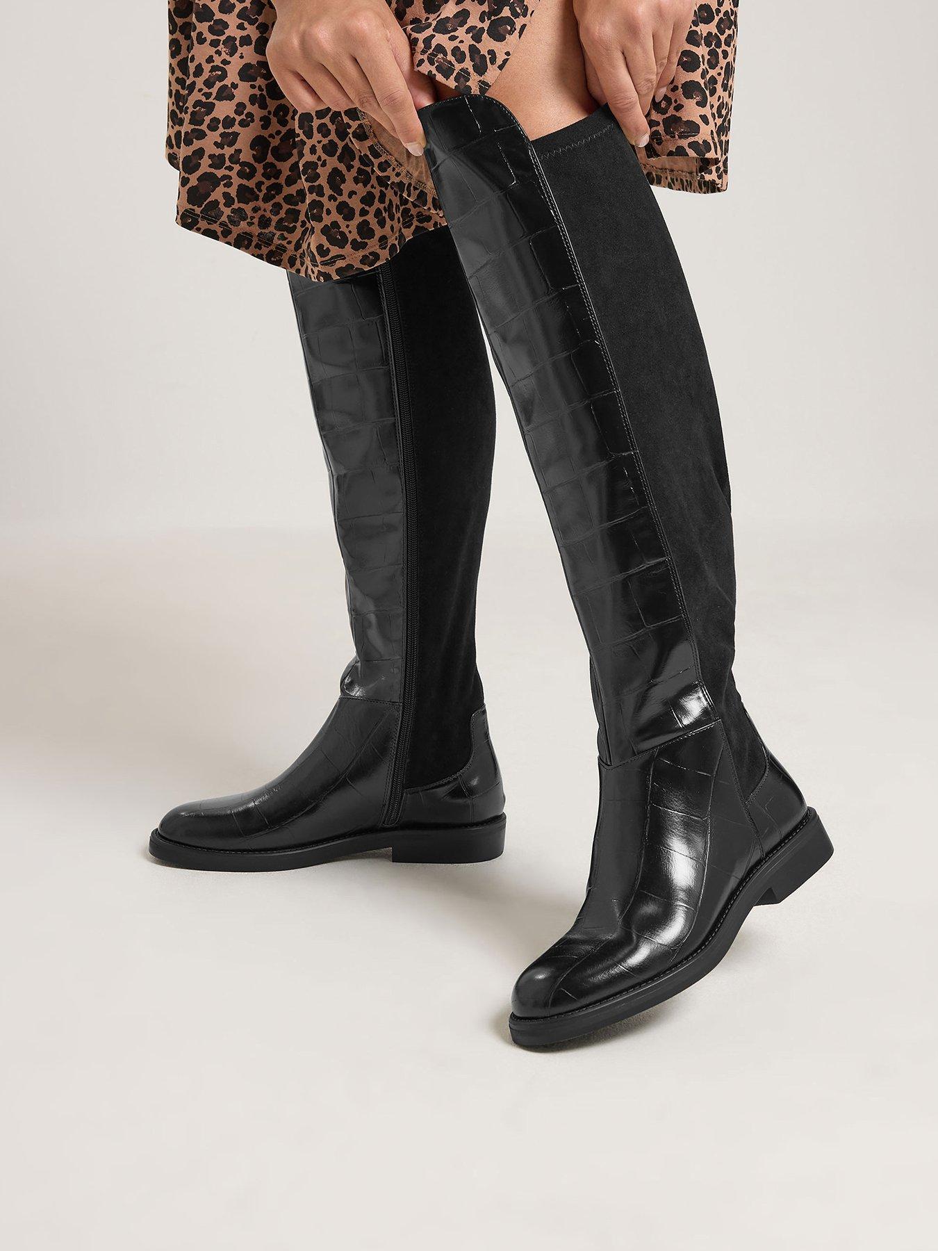 Yours Extra Wide Eee Fit Croc Stretch Back Long Boot - Black