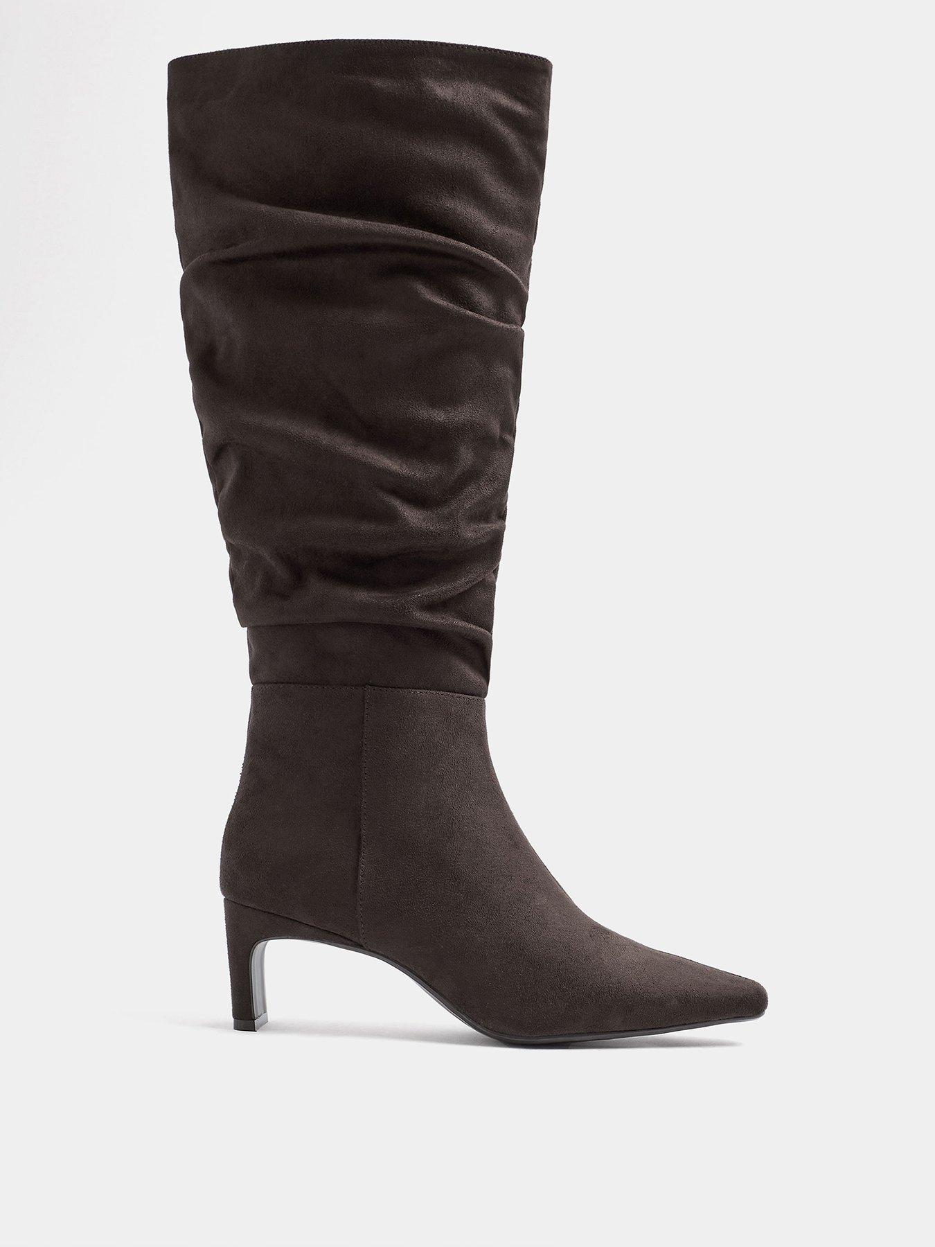 Image 1 of 4 of Yours Womens Wide Fit Square Toe Ruched Kitten Heel Boots - Brown