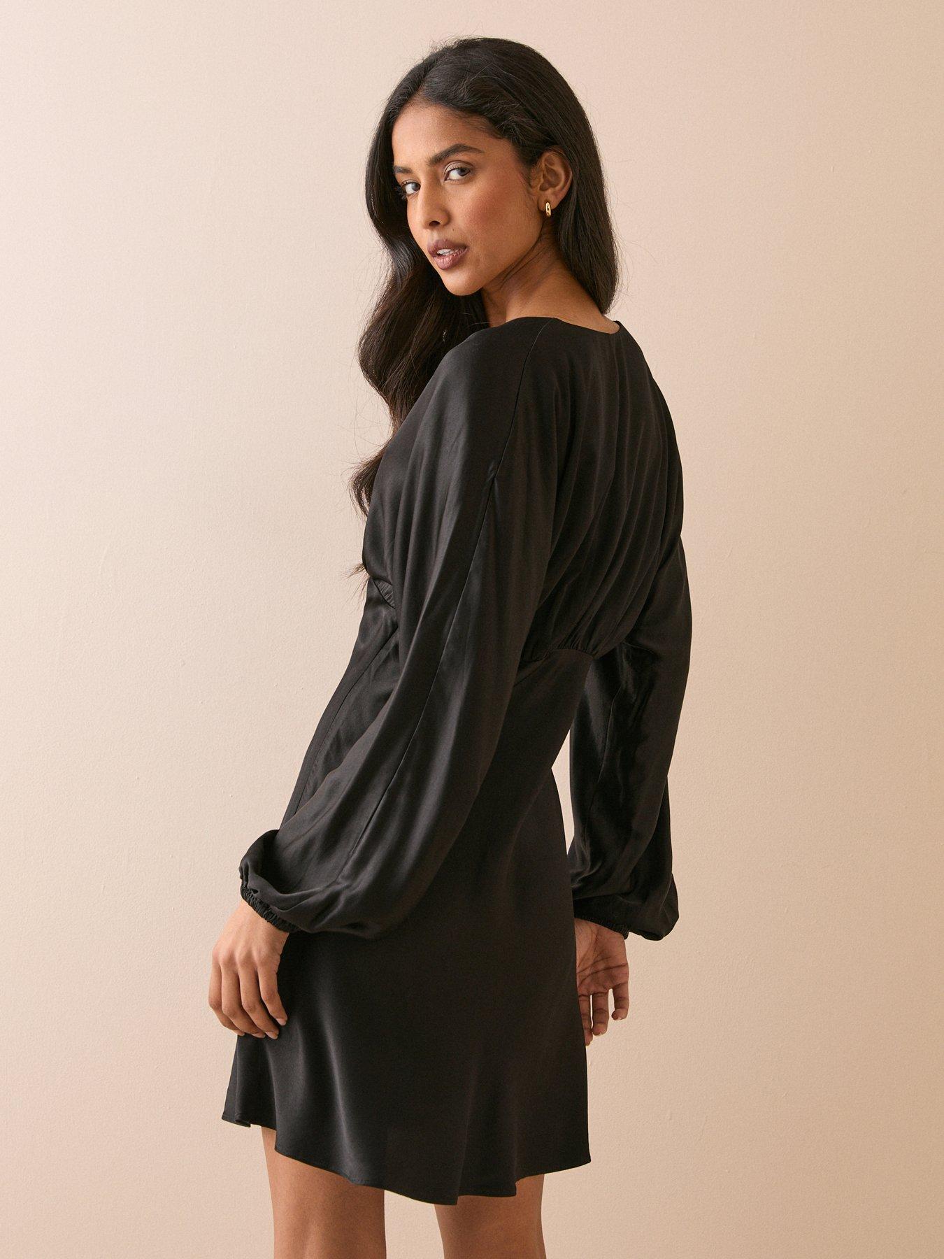 Image 2 of 5 of Nobodys Child Womens Allura Satin-Look V-Neck Blouson Sleeve Mini Dress - Black